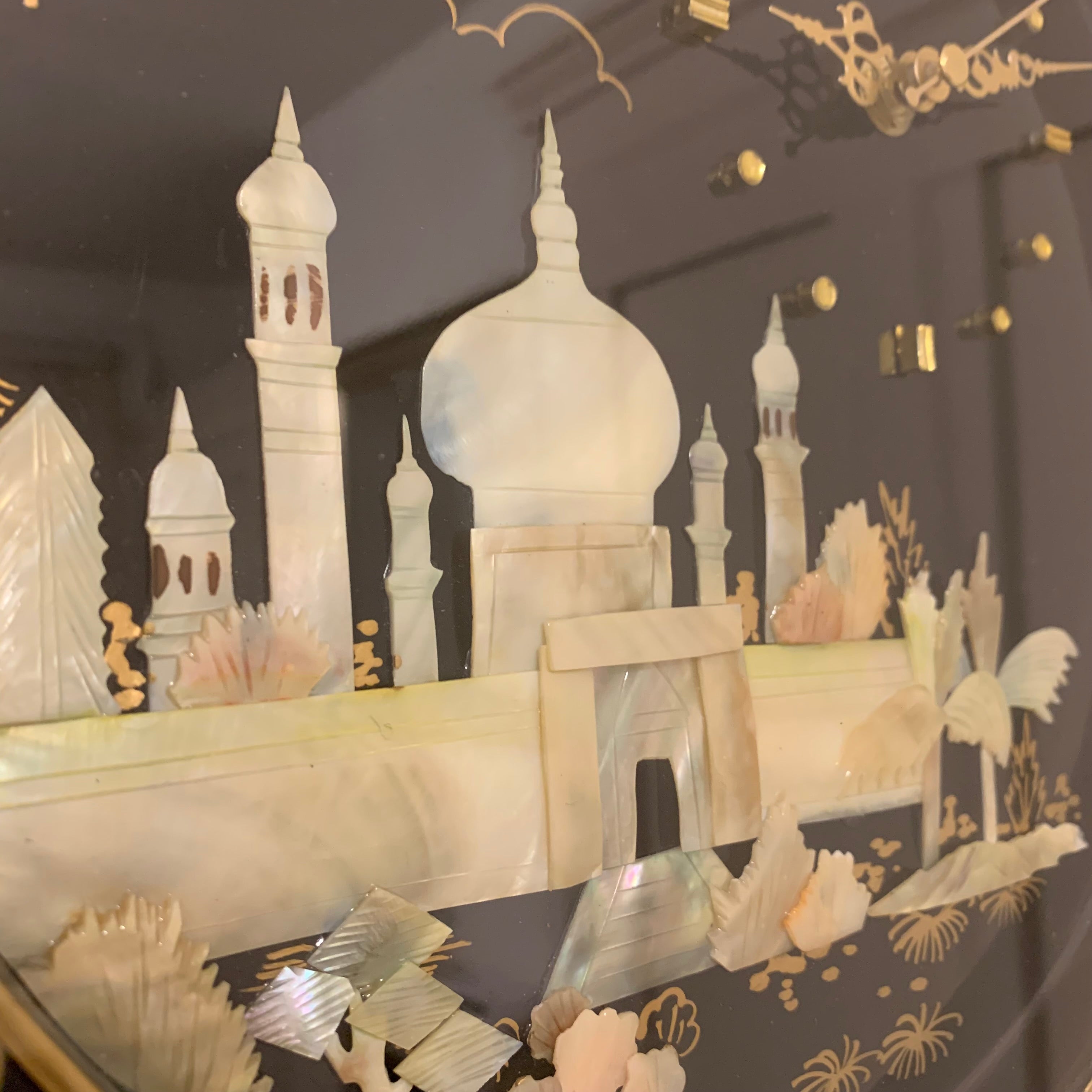 Rhythm Japan Black Lacquer Wall Clock – Mother of Pearl Mosque Scene 11¾ Inch New Quartz Perfect