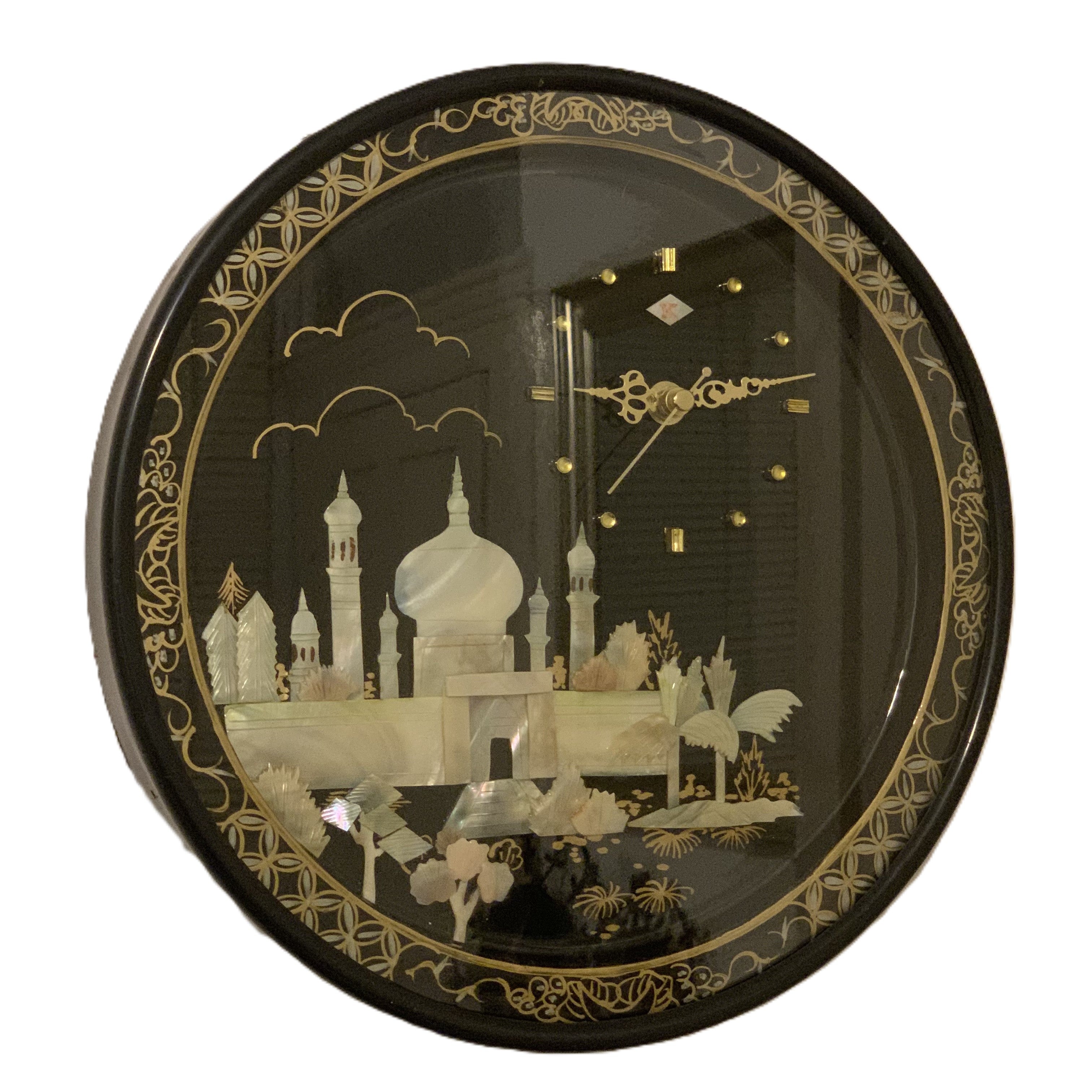 Rhythm Japan Black Lacquer Wall Clock – Mother of Pearl Mosque Scene 11¾ Inch New Quartz Perfect