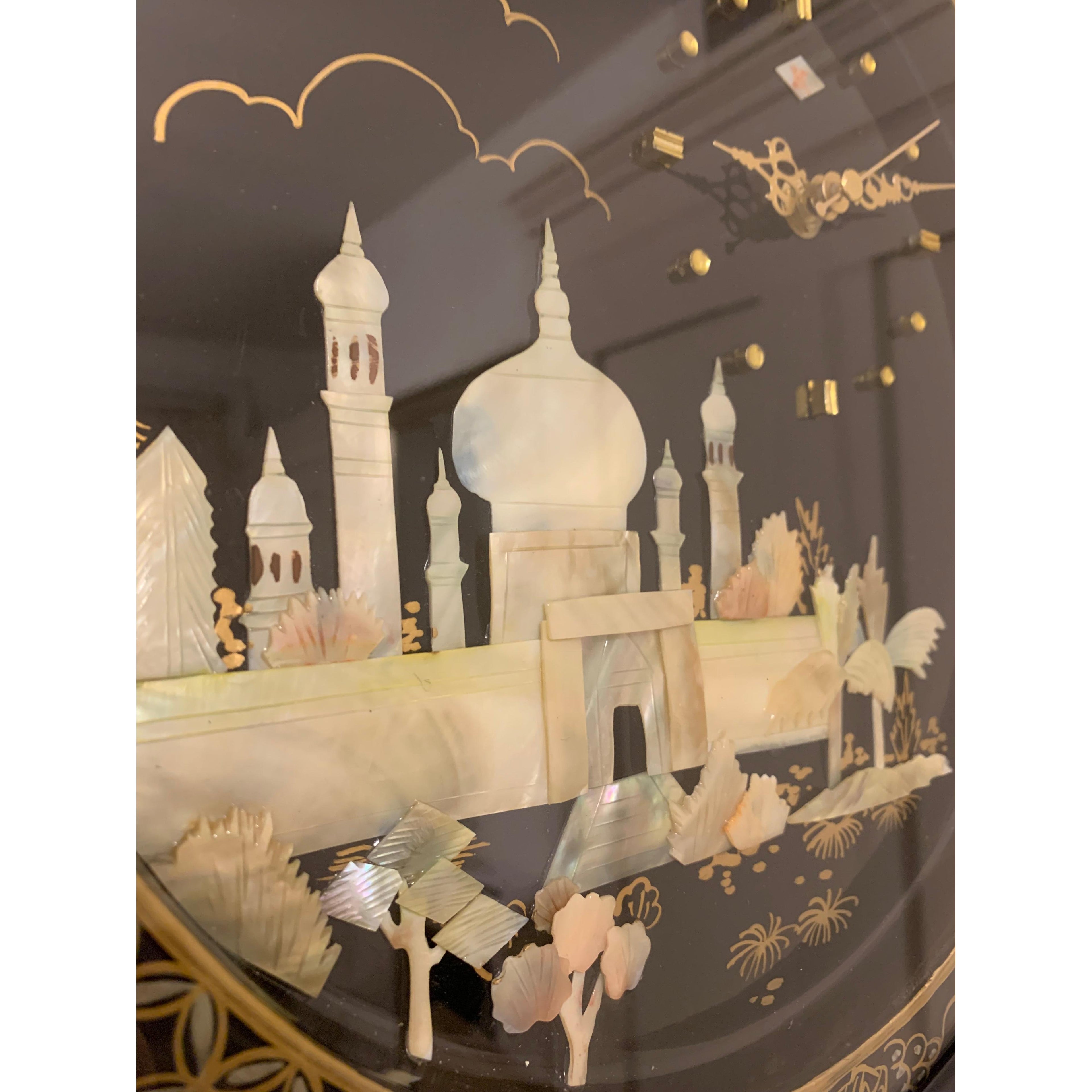 Rhythm Japan Black Lacquer Wall Clock – Mother of Pearl Mosque Scene 11¾ Inch New Quartz Perfect