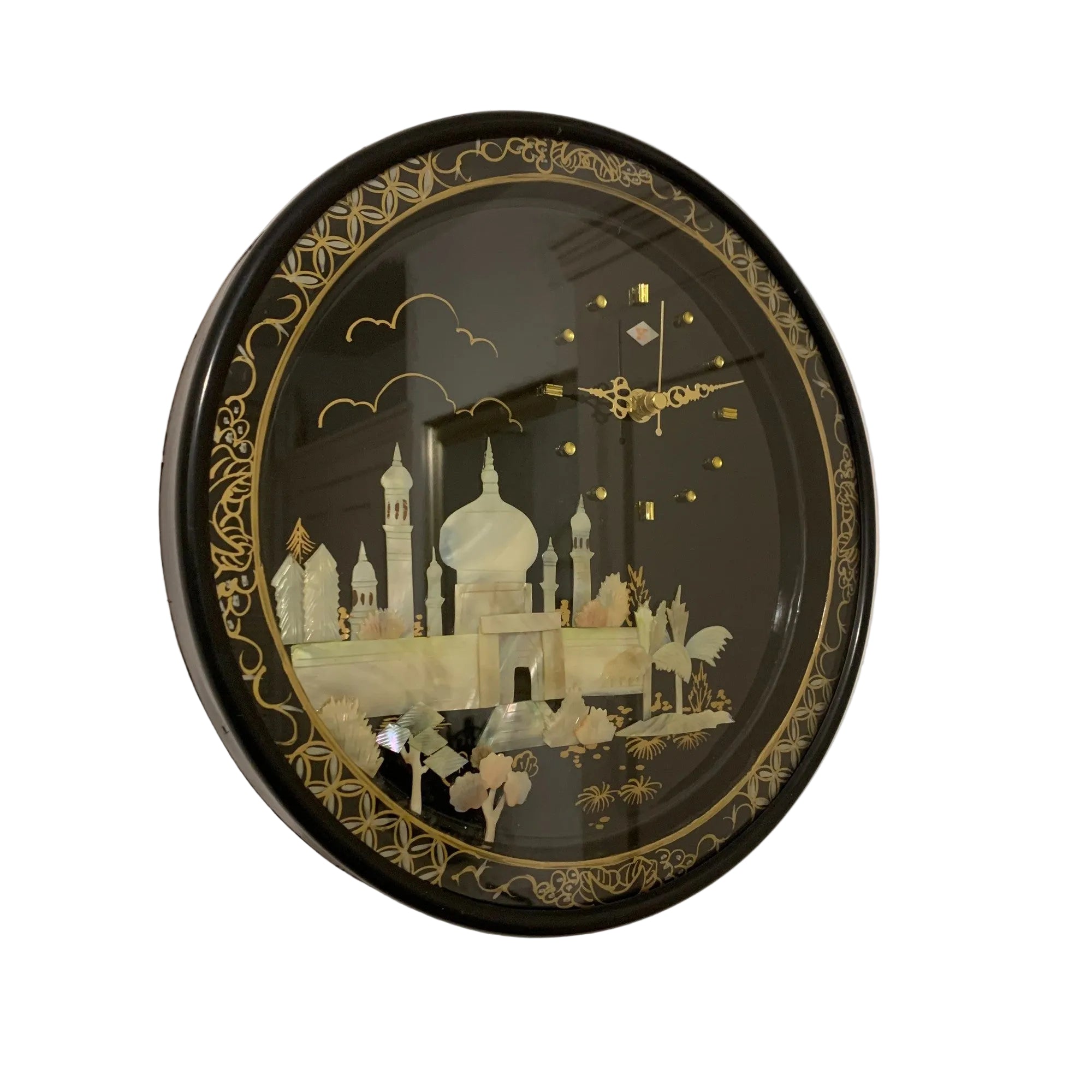 Rhythm Japan Black Lacquer Wall Clock – Mother of Pearl Mosque Scene 11¾ Inch New Quartz Perfect