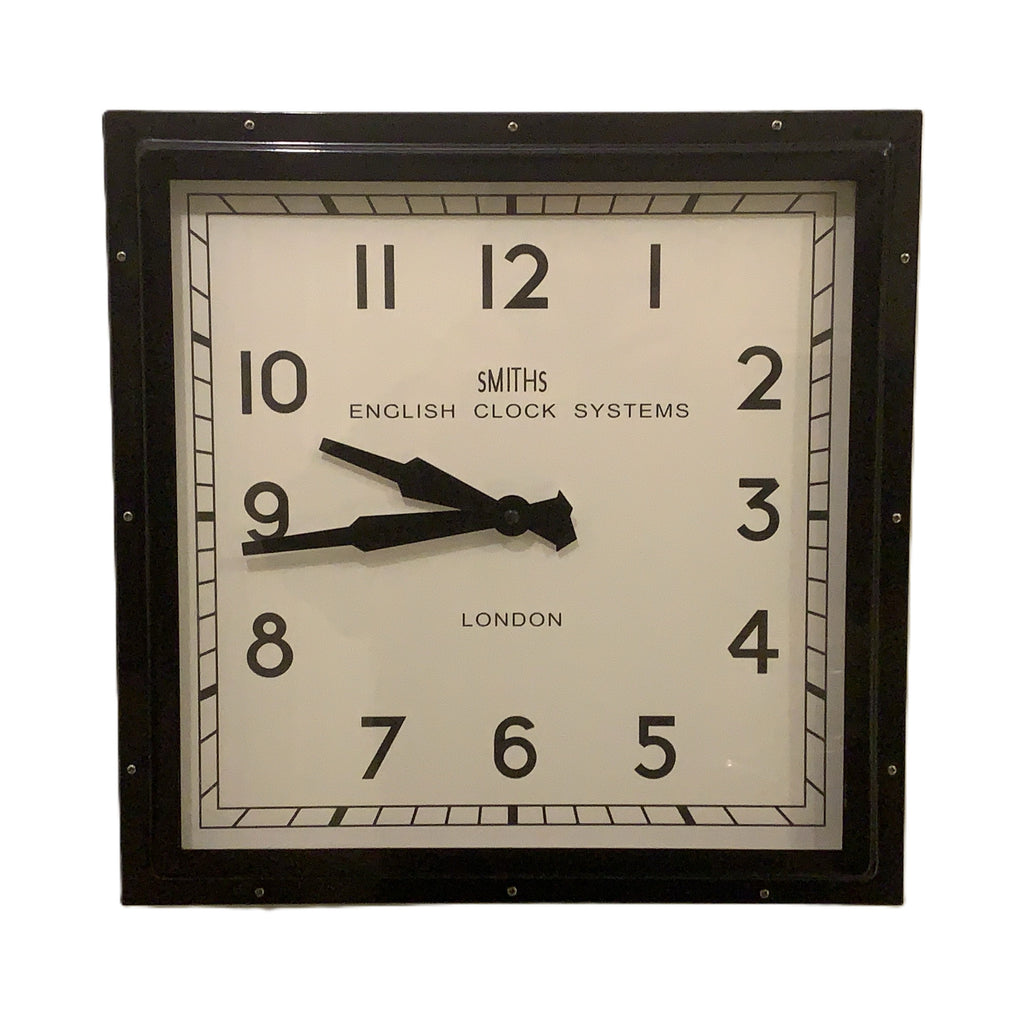 Roger Lascelles Retro Industrial Square Wall Clock — Smiths Style Dial, Black, 41cm