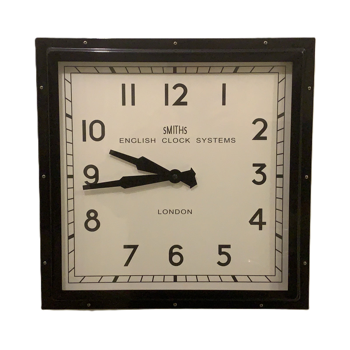 Roger Lascelles Retro Industrial Square Wall Clock — Smiths Style Dial, Black, 41cm