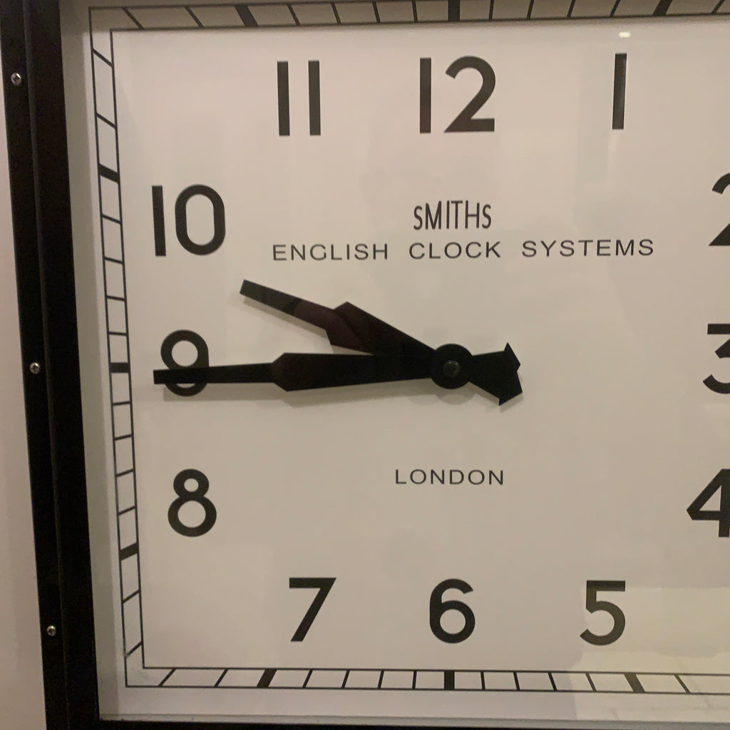 Roger Lascelles Retro Industrial Square Wall Clock — Smiths Style Dial, Black, 41cm