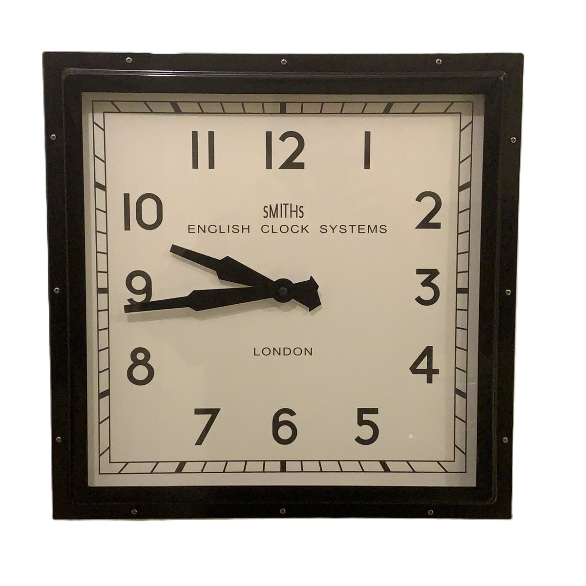 Roger Lascelles Retro Industrial Square Wall Clock — Smiths Style Dial, Black, 41cm