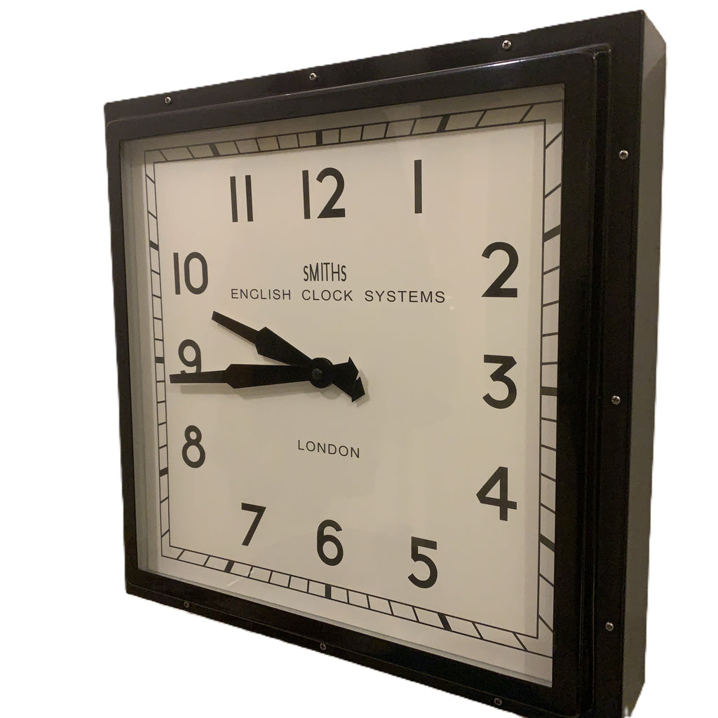 Roger Lascelles Retro Industrial Square Wall Clock — Smiths Style Dial, Black, 41cm
