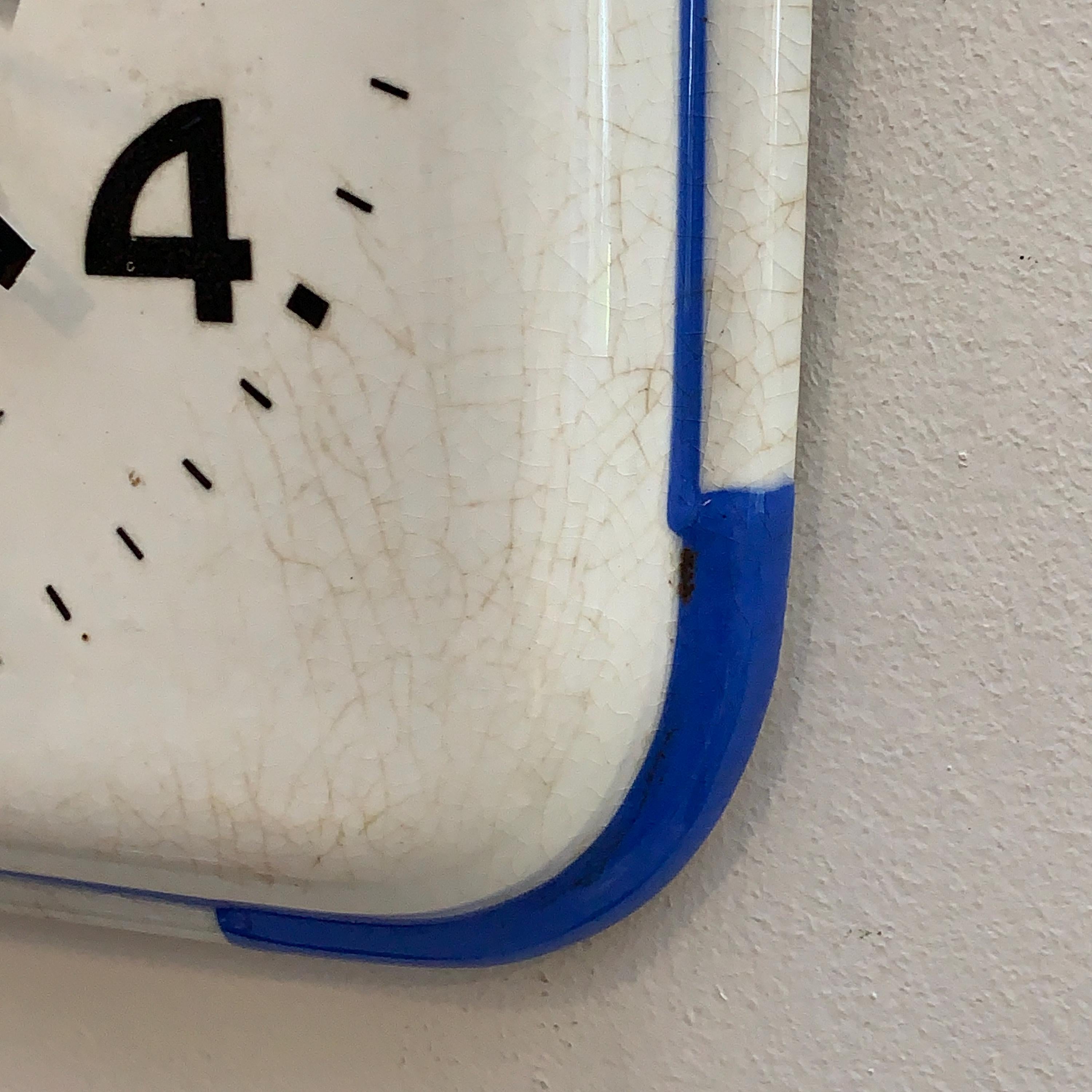 Schramberg Majolika Ceramic Wall Clock, 1930s, White Blue, Square, Quartz, Germany