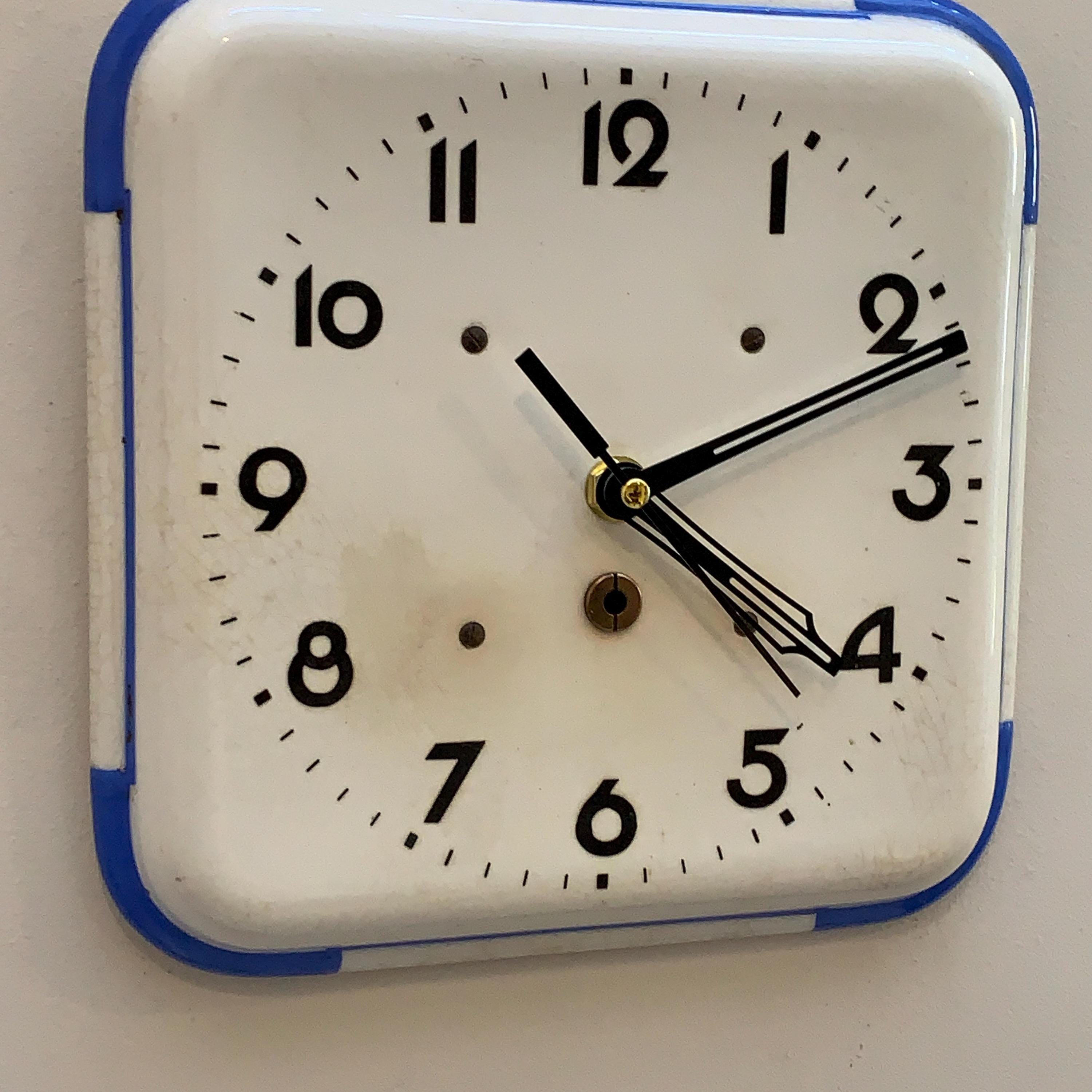 Schramberg Majolika Ceramic Wall Clock, 1930s, White Blue, Square, Quartz, Germany