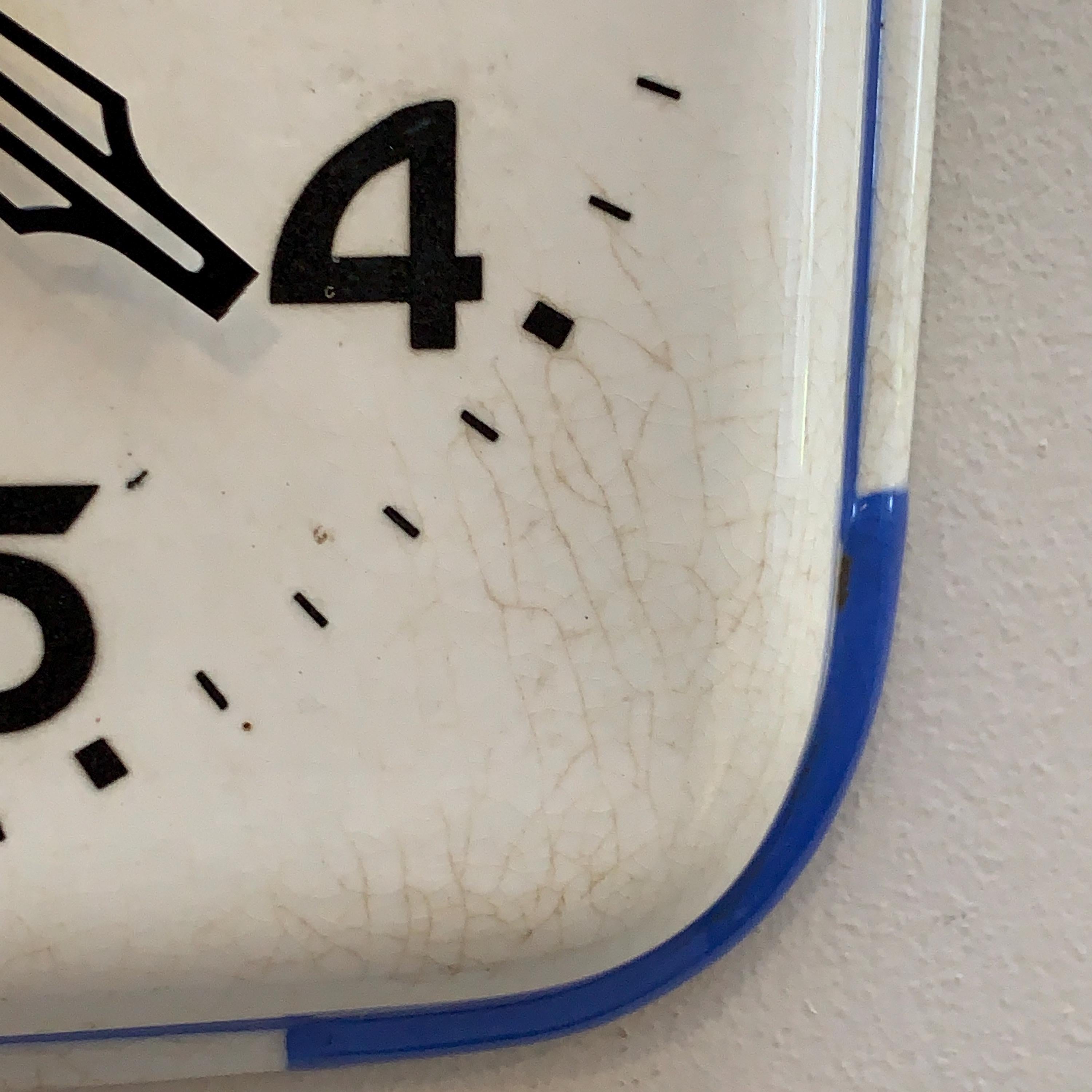 Schramberg Majolika Ceramic Wall Clock, 1930s, White Blue, Square, Quartz, Germany