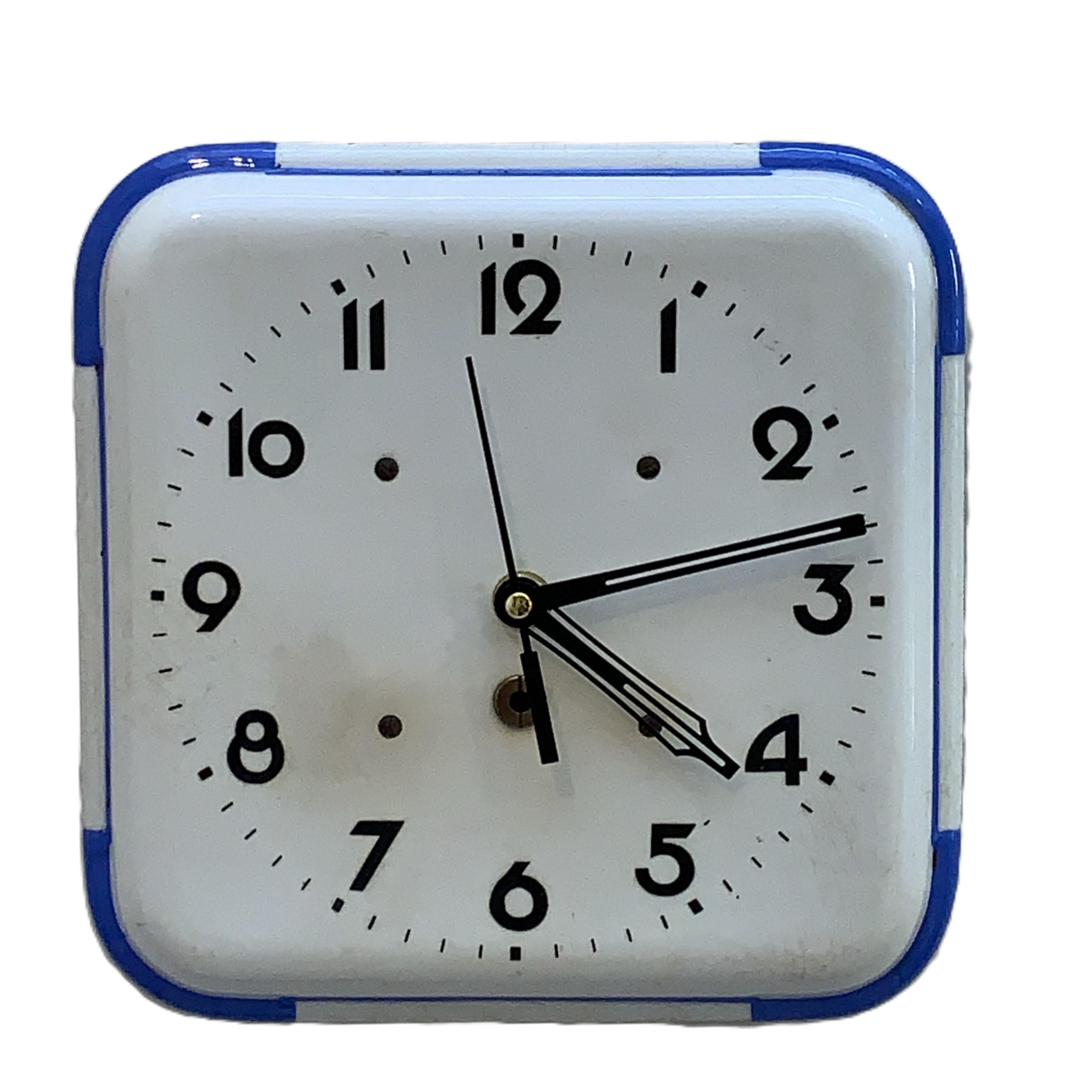 Schramberg Majolika Ceramic Wall Clock, 1930s, White Blue, Square, Quartz, Germany