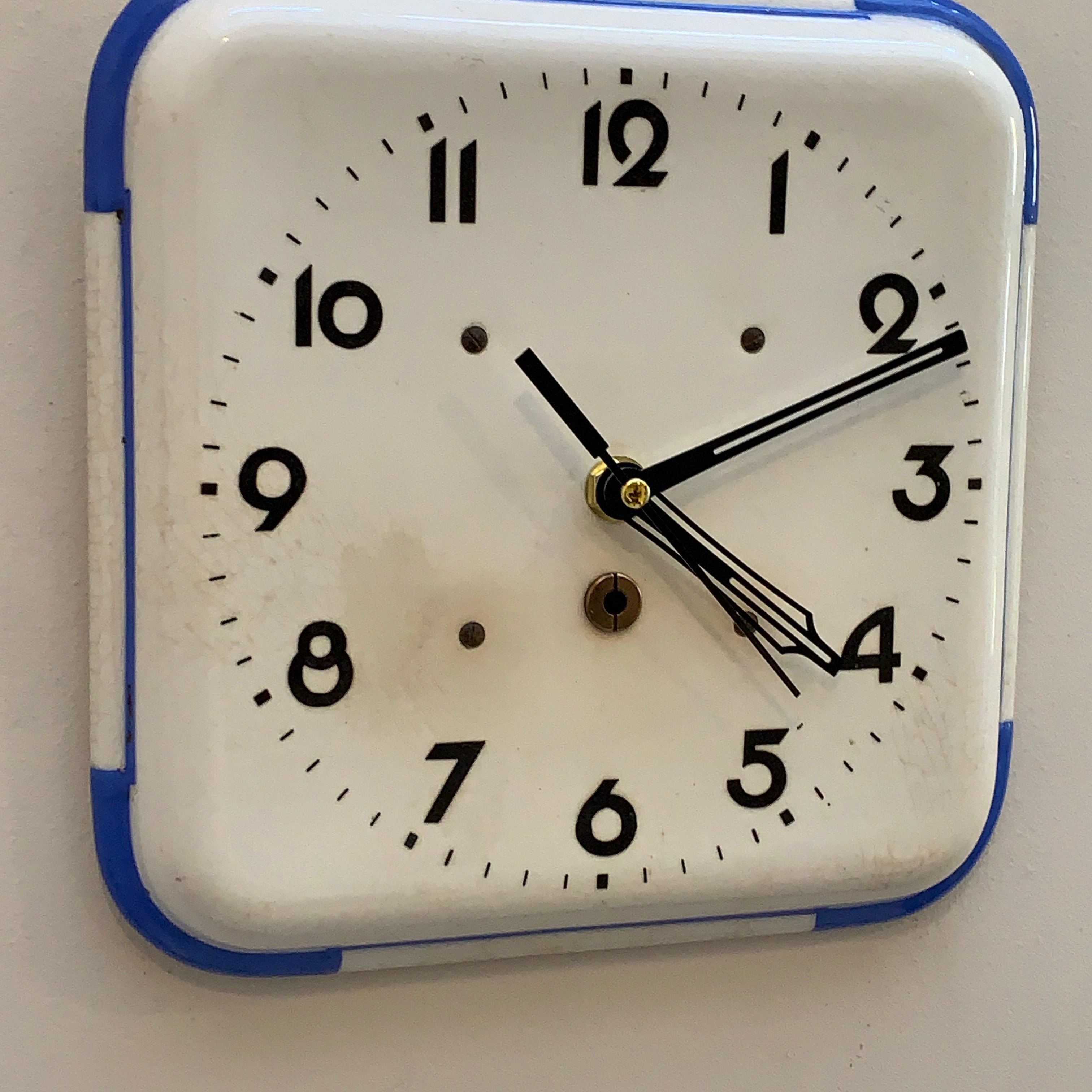Schramberg Majolika Ceramic Wall Clock, 1930s, White and Blue, Square Case, Germany