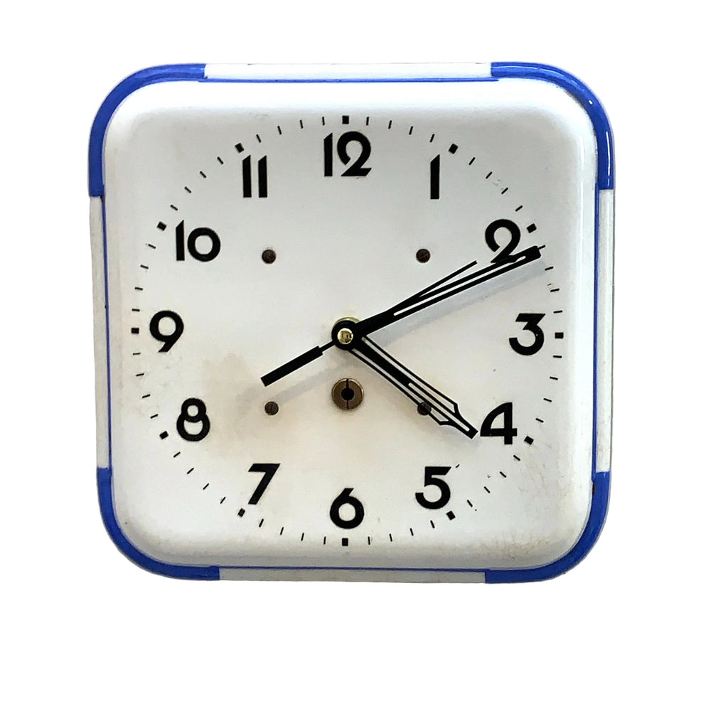 Schramberg Majolika Ceramic Wall Clock, 1930s, White and Blue, Square Case, Germany