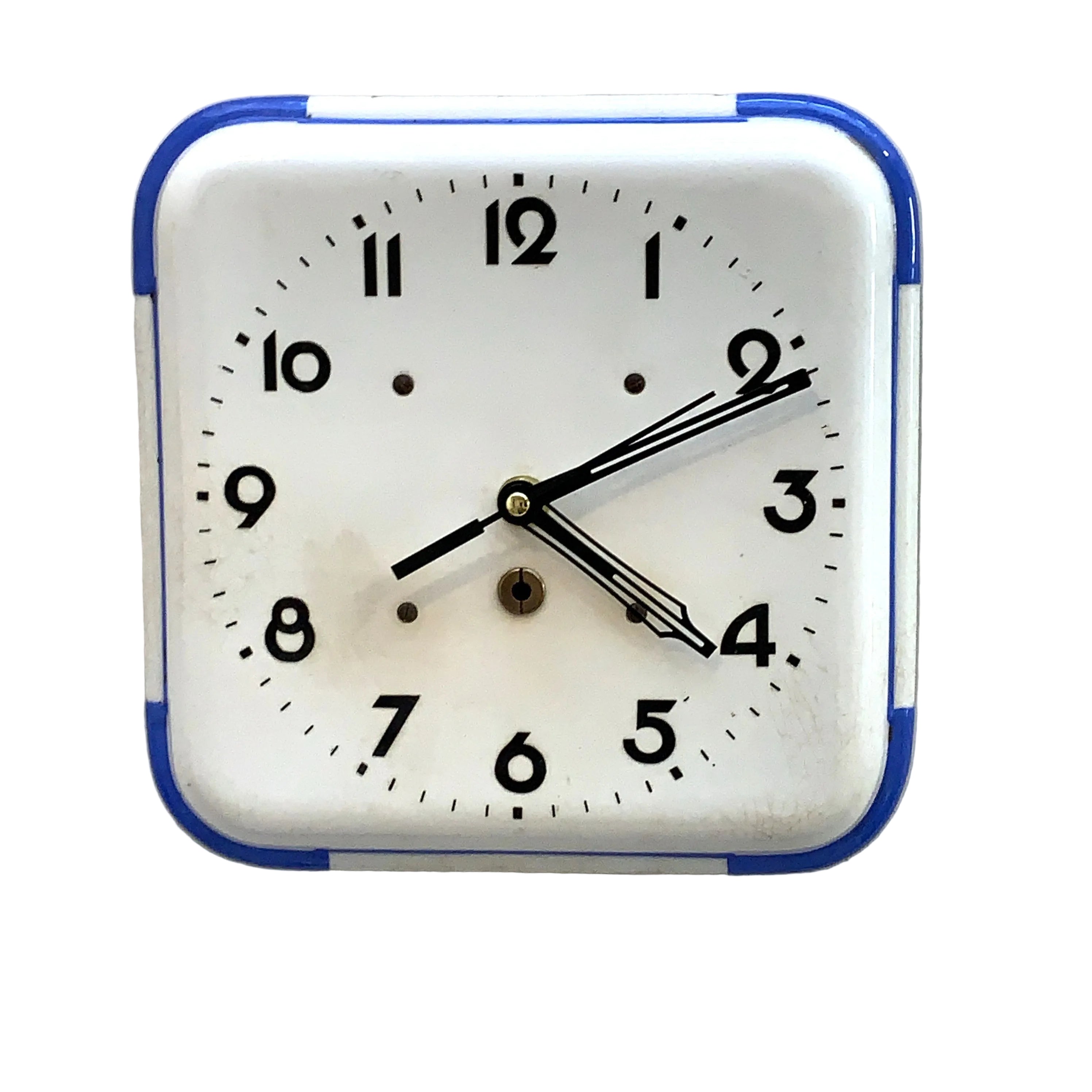 Schramberg Majolika Ceramic Wall Clock, 1930s, White and Blue, Square Case, Germany