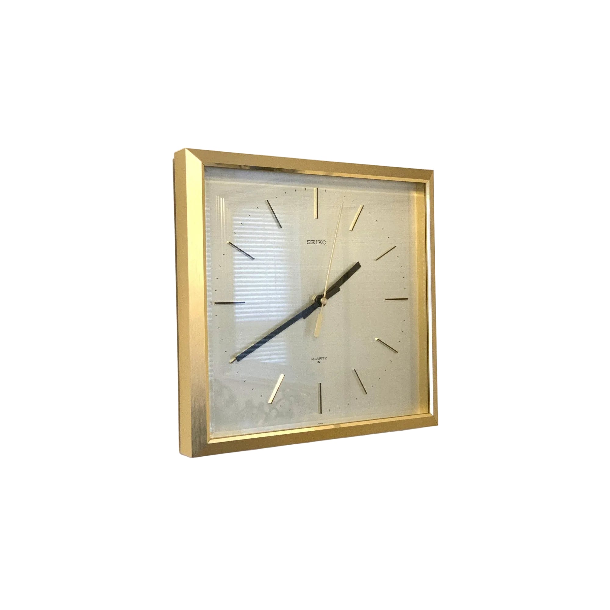 Seiko QA211D Square Wall Clock – 1970s Gold Tone Brass Frame Textured Dial Original Hands 11 Inch