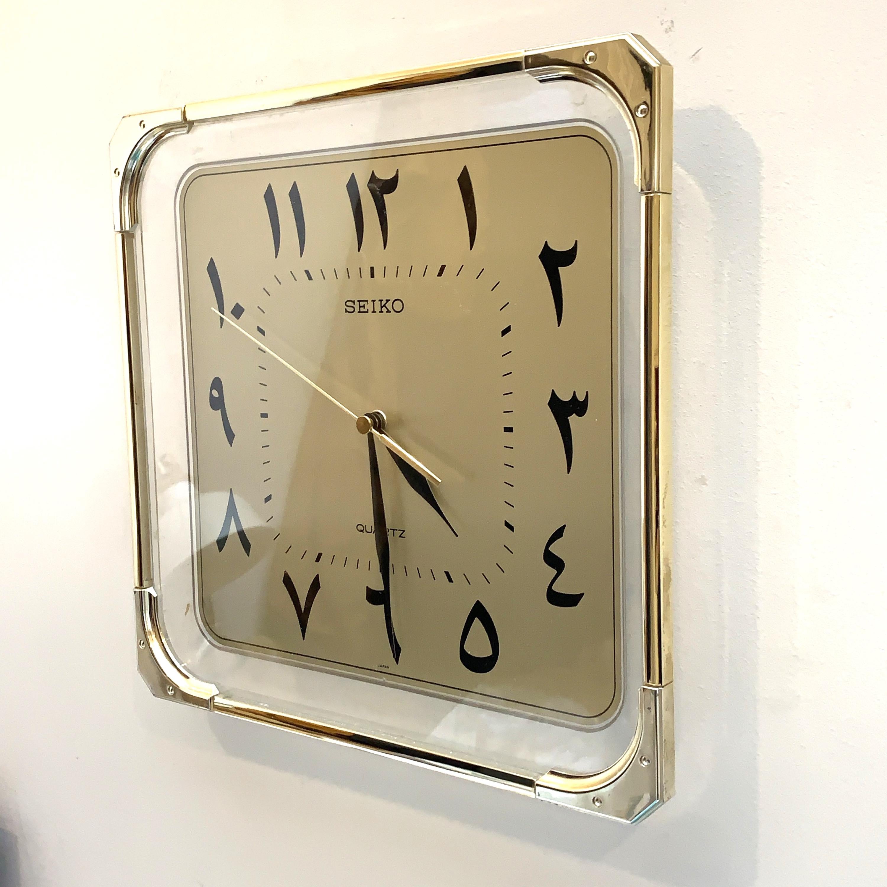 Seiko QAF066F Wall Clock – Eastern Arabic Numerals, Brass & Acrylic, 11 Inch