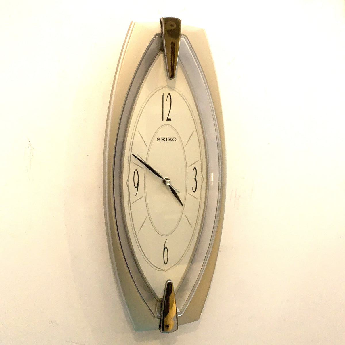 Seiko QXA342S Elongated Silver Wall Clock, NOS Unused, Quiet Sweep Quartz, Modern Japanese Design