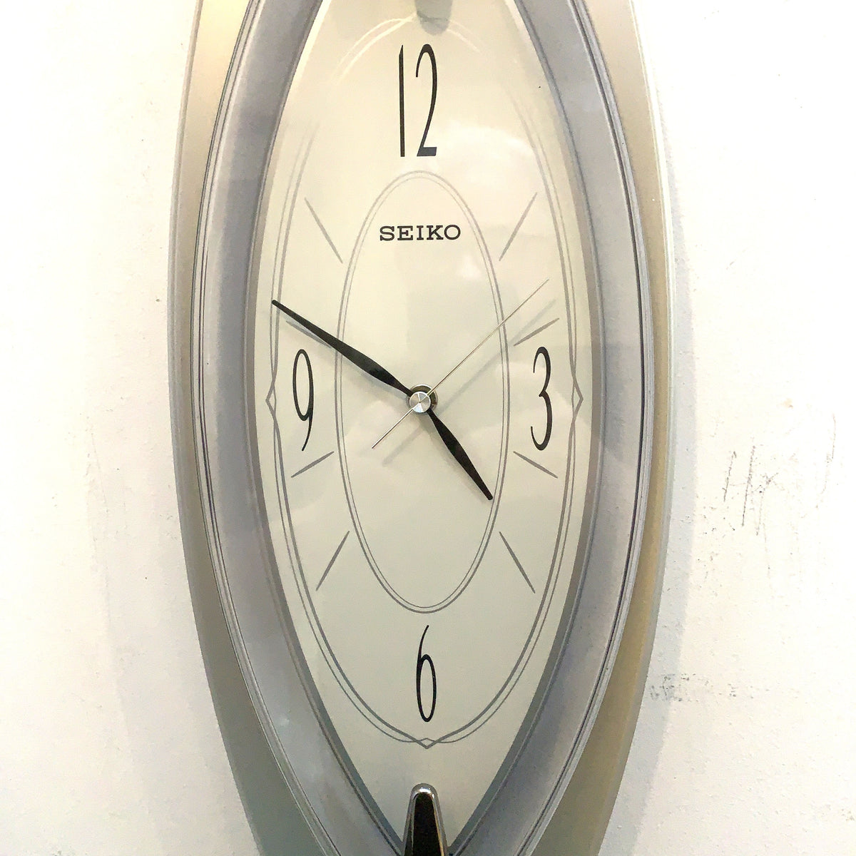 Seiko QXA342S Elongated Silver Wall Clock, NOS Unused, Quiet Sweep Quartz, Modern Japanese Design
