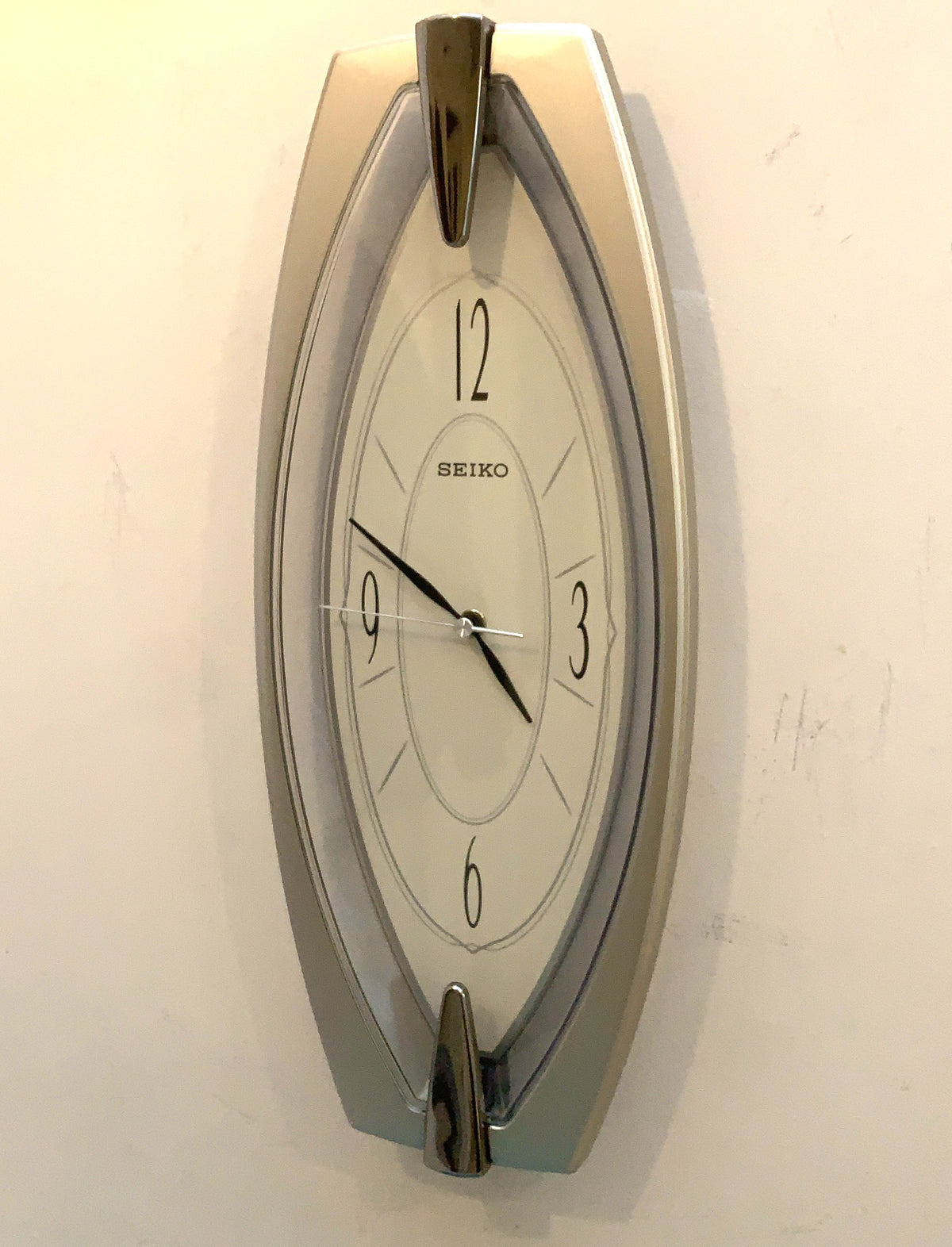 Seiko QXA342S Elongated Silver Wall Clock, NOS Unused, Quiet Sweep Quartz, Modern Japanese Design