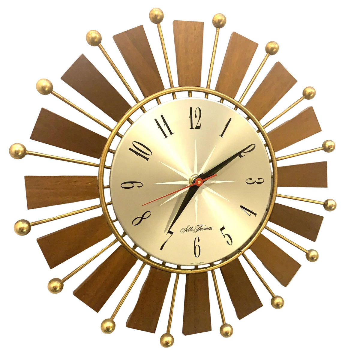 Seth Thomas Starburst Wall Clock, 1960s Teak & Brass Sunburst, Made in Scotland, Mid Century Atomic Clock