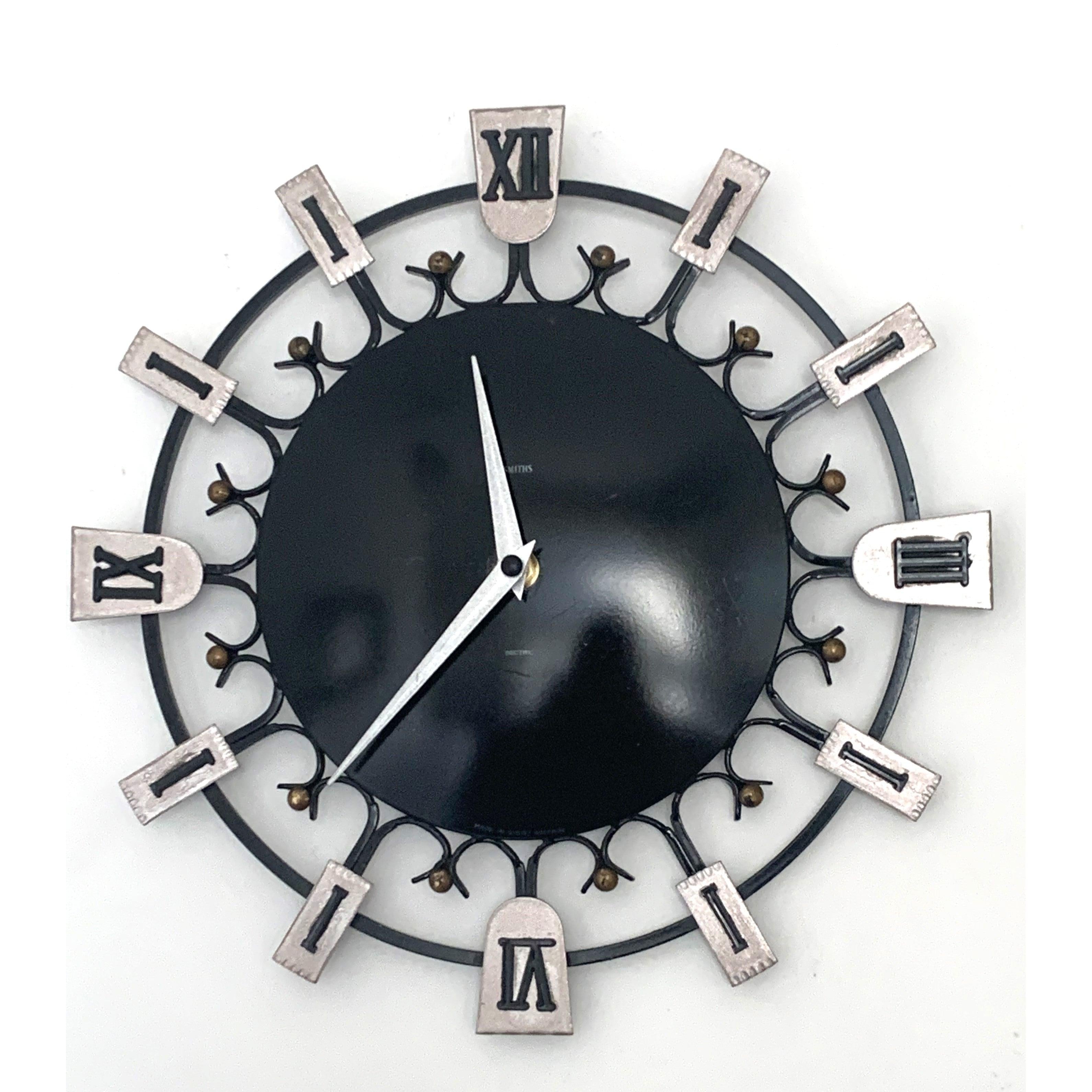 Smiths Dominica Wall Clock - 1950s British Wrought Iron Roman Numeral, Restored, 12 Inch