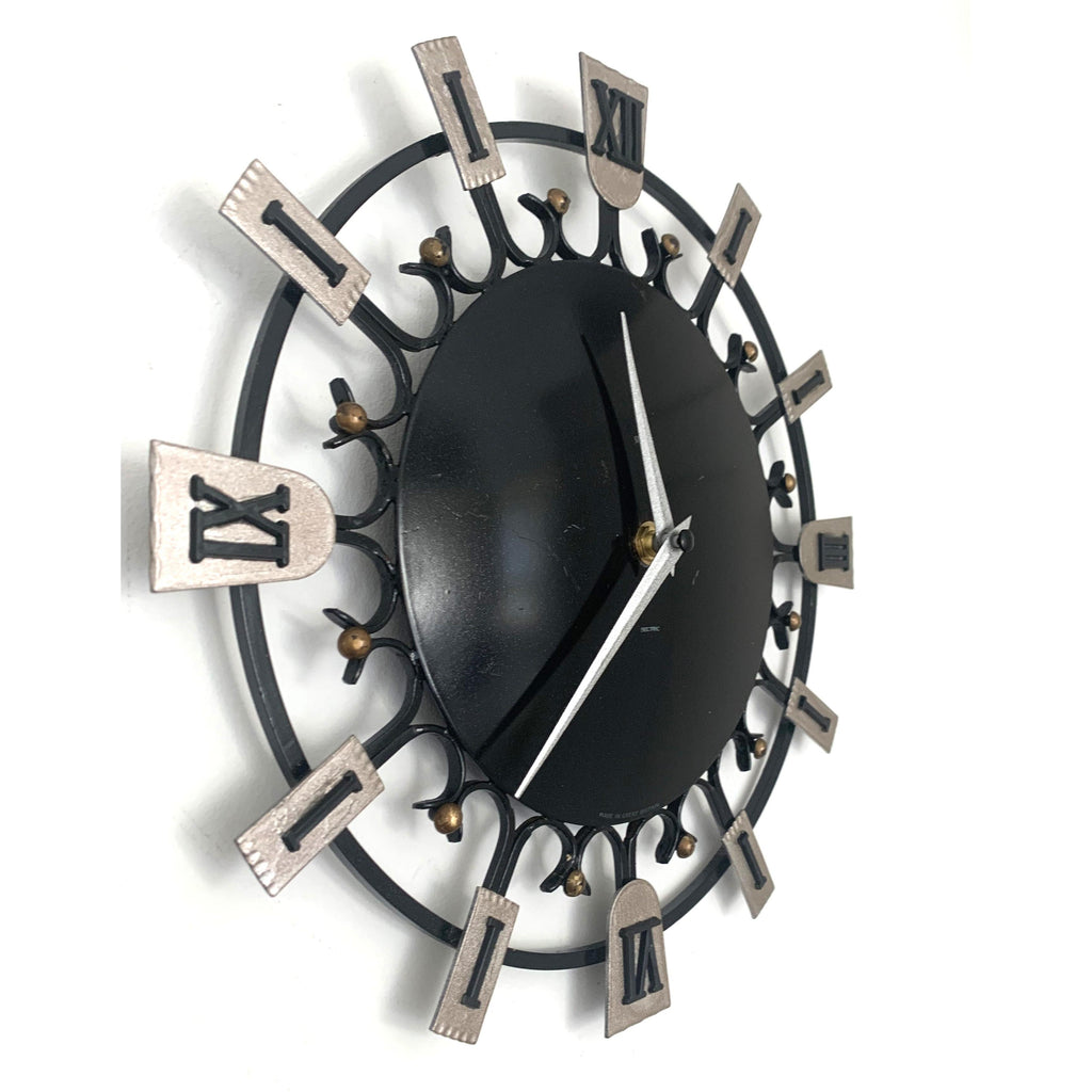 Smiths Dominica Wall Clock - 1950s British Wrought Iron Roman Numeral, Restored, 12 Inch