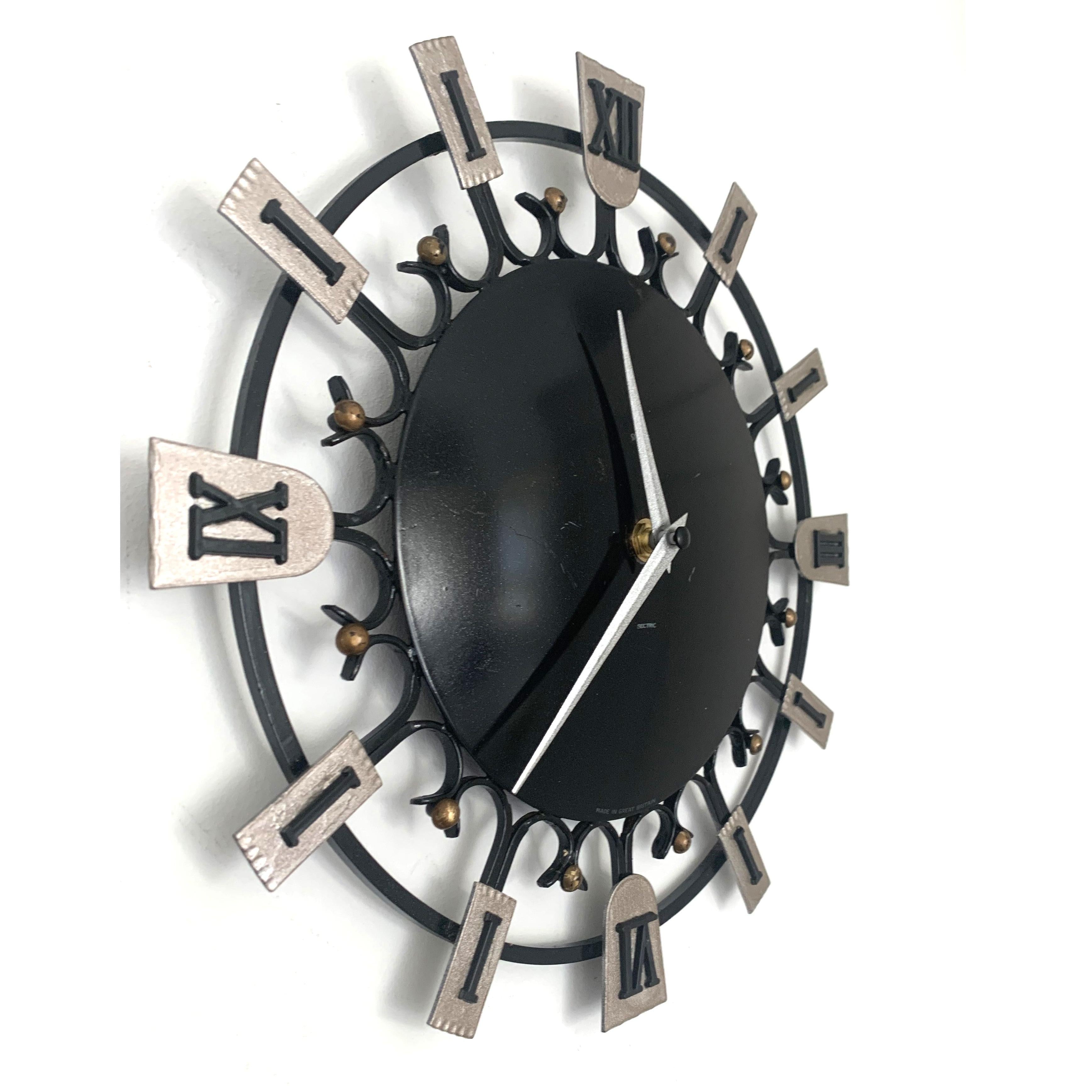 Smiths Dominica Wall Clock - 1950s British Wrought Iron Roman Numeral, Restored, 12 Inch