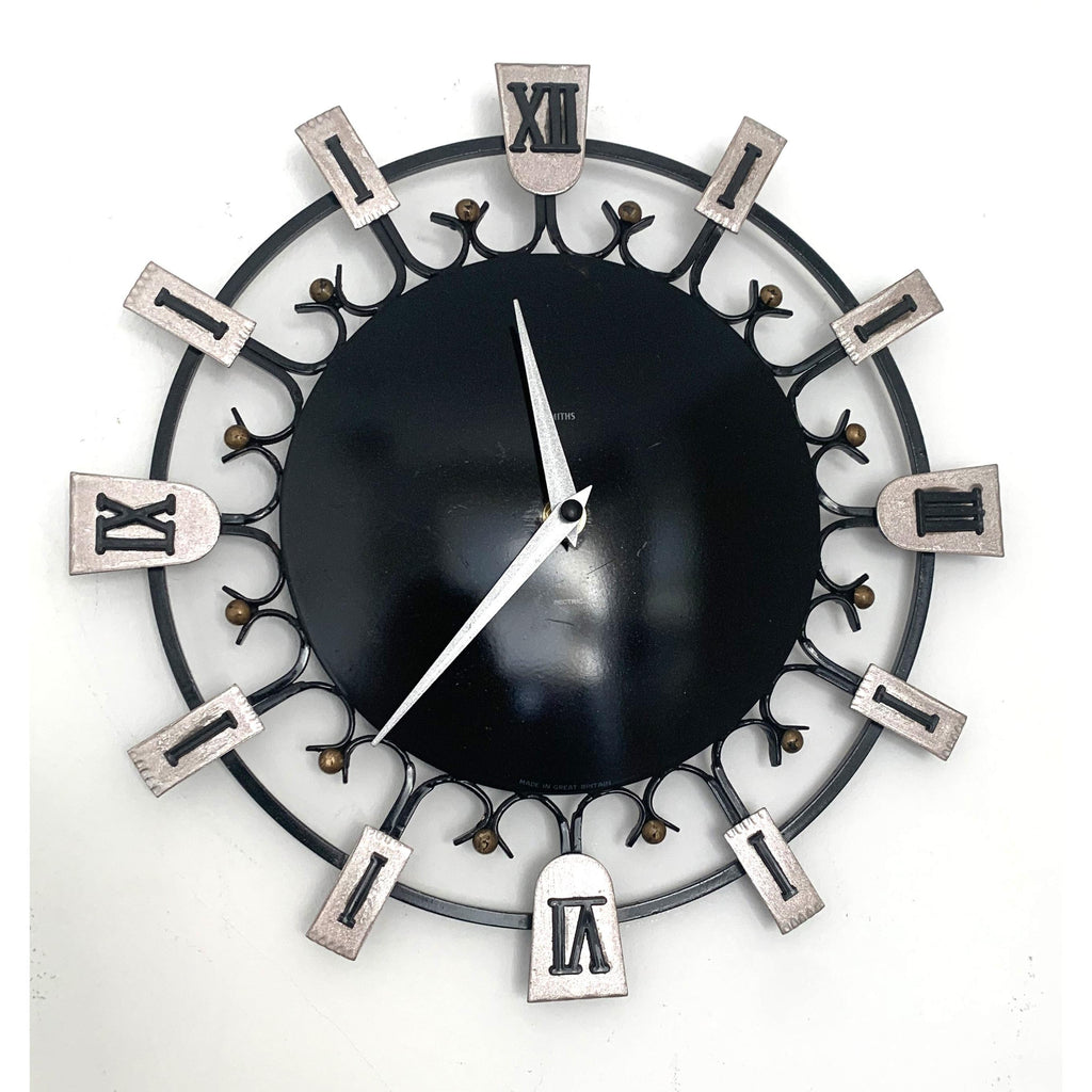 Smiths Dominica Wall Clock - 1950s British Wrought Iron Roman Numeral, Restored, 12 Inch