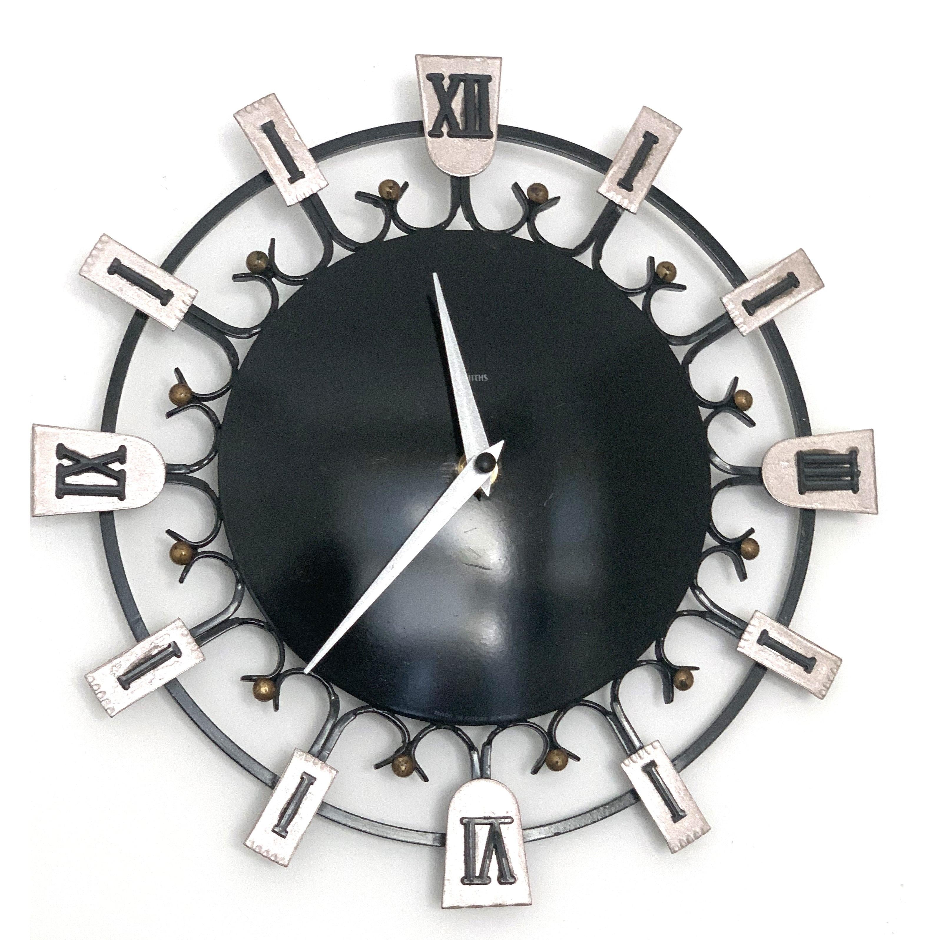 Smiths Dominica Wall Clock - 1950s British Wrought Iron Roman Numeral, Restored, 12 Inch