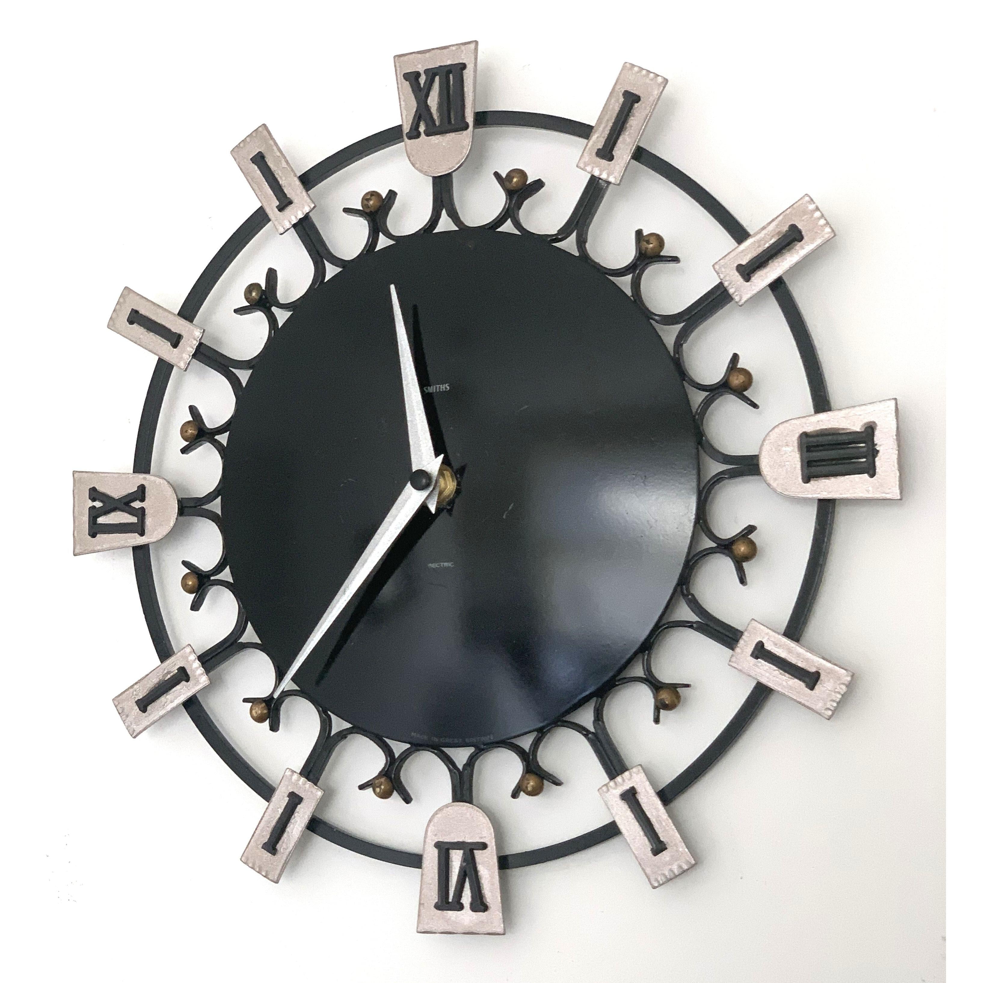 Smiths Dominica Wall Clock - 1950s British Wrought Iron Roman Numeral, Restored, 12 Inch