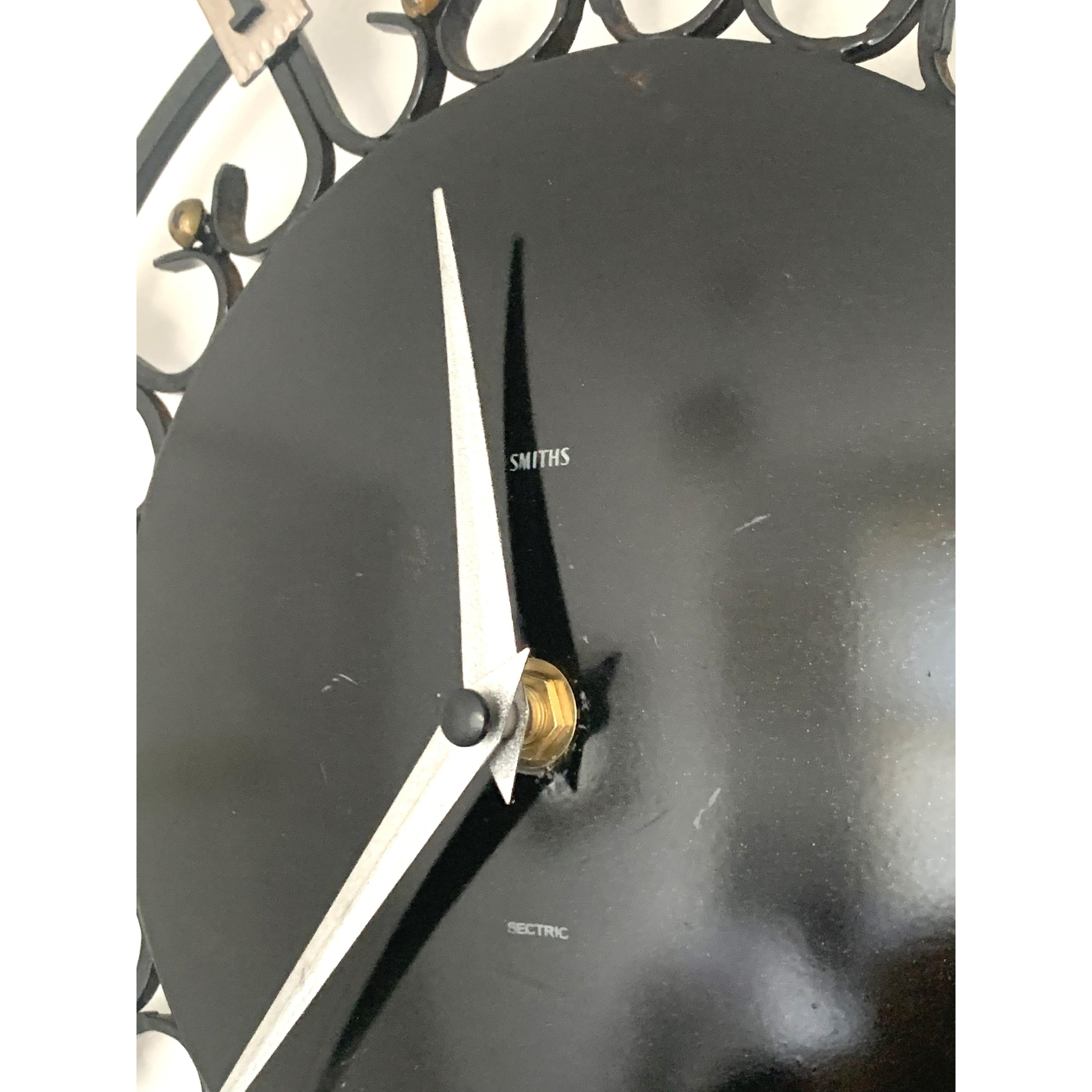 Smiths Dominica Wall Clock - 1950s British Wrought Iron Roman Numeral, Restored, 12 Inch