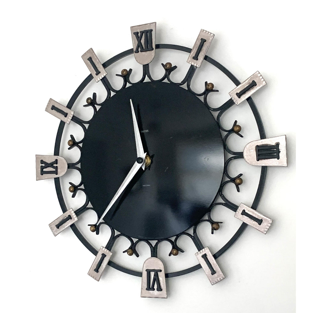 Smiths Dominica Wall Clock - 1950s British Wrought Iron Roman Numeral, Restored, 12 Inch
