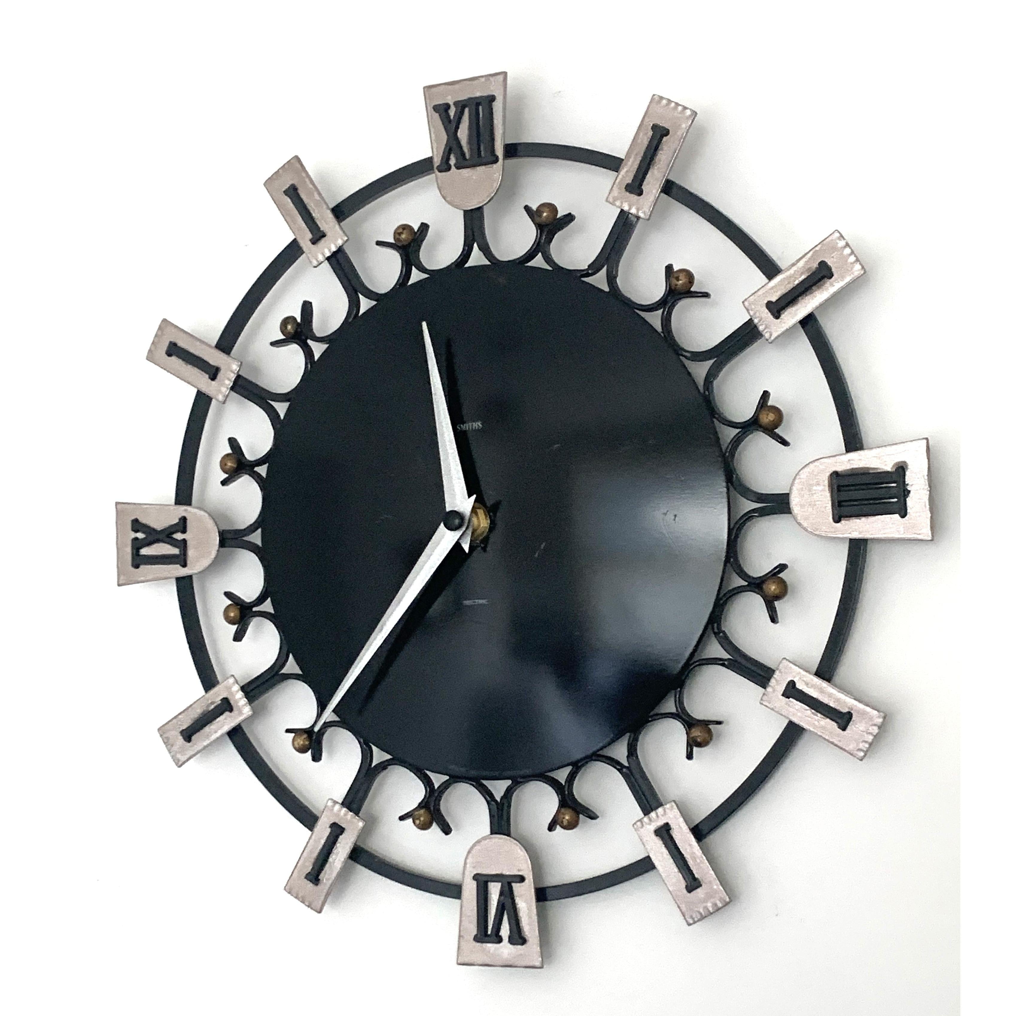 Smiths Dominica Wall Clock - 1950s British Wrought Iron Roman Numeral, Restored, 12 Inch