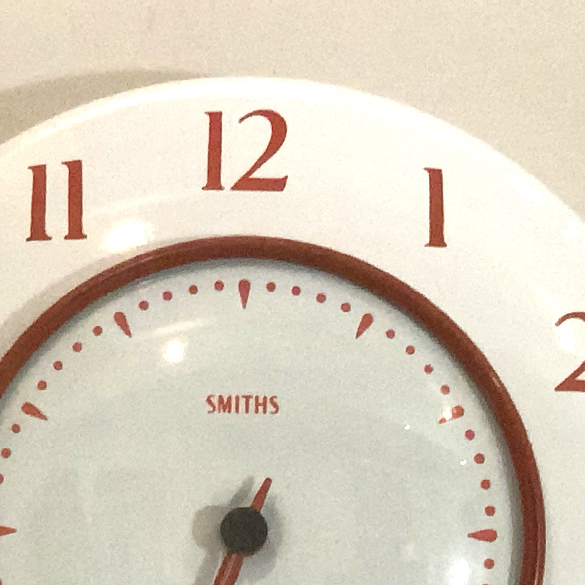 Smiths Vitreous Enamel Wall Clock Rare 1950s White Red Quartz 8in Gift