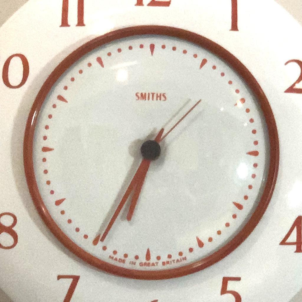 Smiths Vitreous Enamel Wall Clock Rare 1950s White Red Quartz 8in Gift