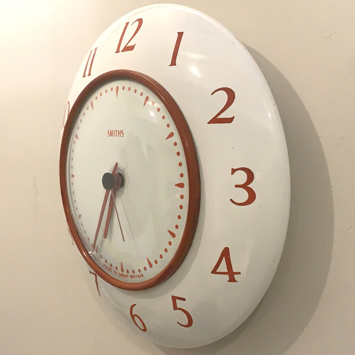 Smiths Vitreous Enamel Wall Clock Rare 1950s White Red Quartz 8in Gift