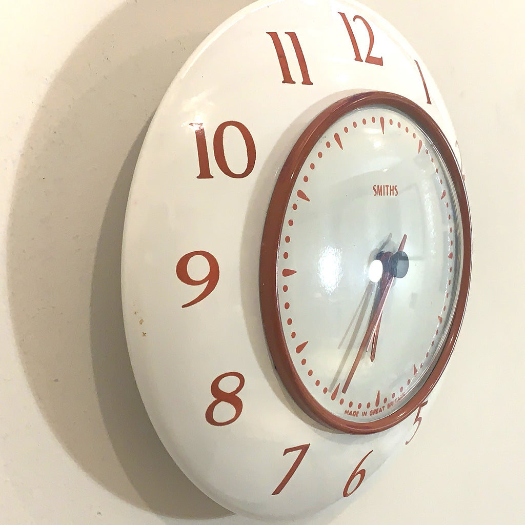 Smiths Vitreous Enamel Wall Clock Rare 1950s White Red Quartz 8in Gift