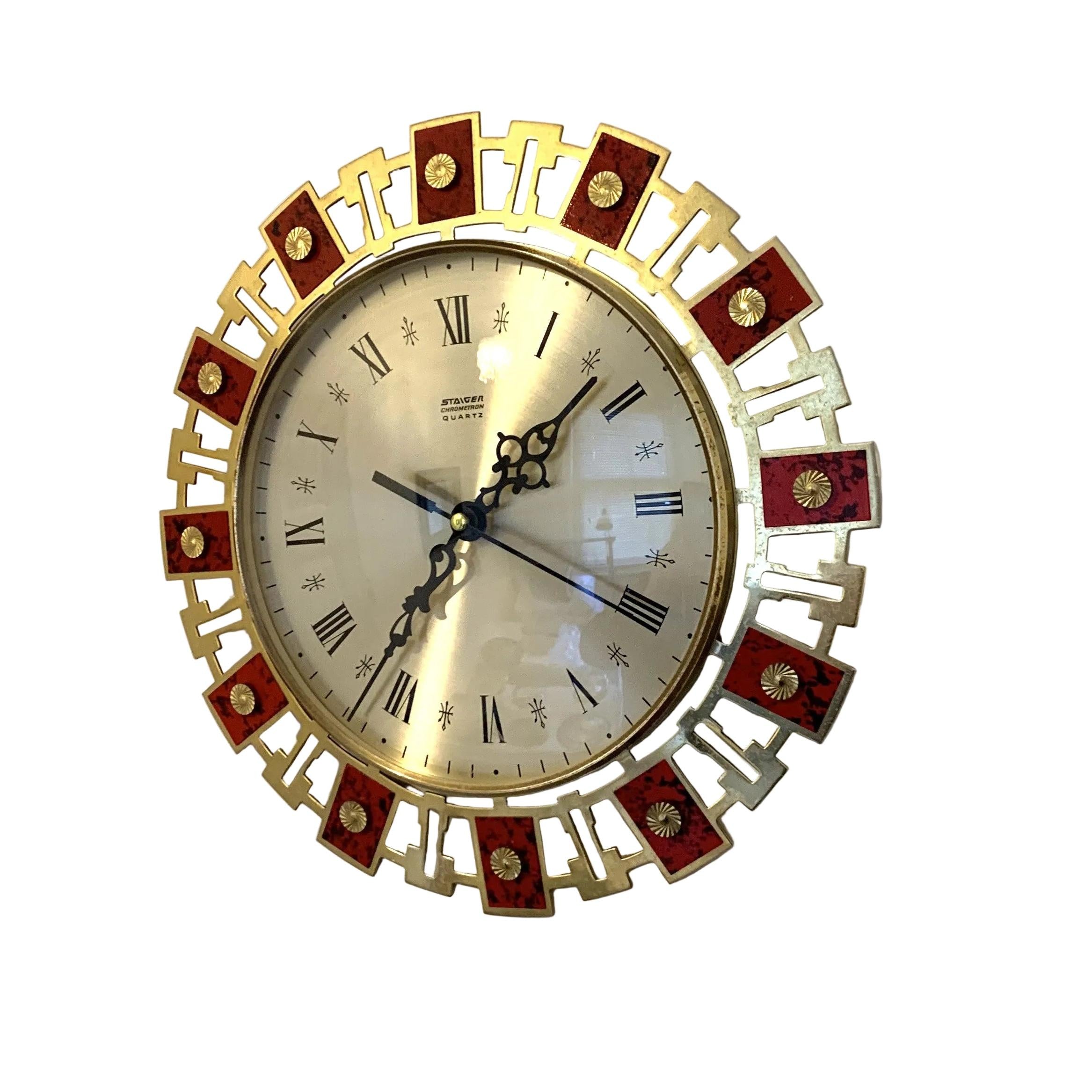 Staiger Chrometron Wall Clock – 1970s West German Brass Red Lacquer Roman Numeral 11 Inch Quartz