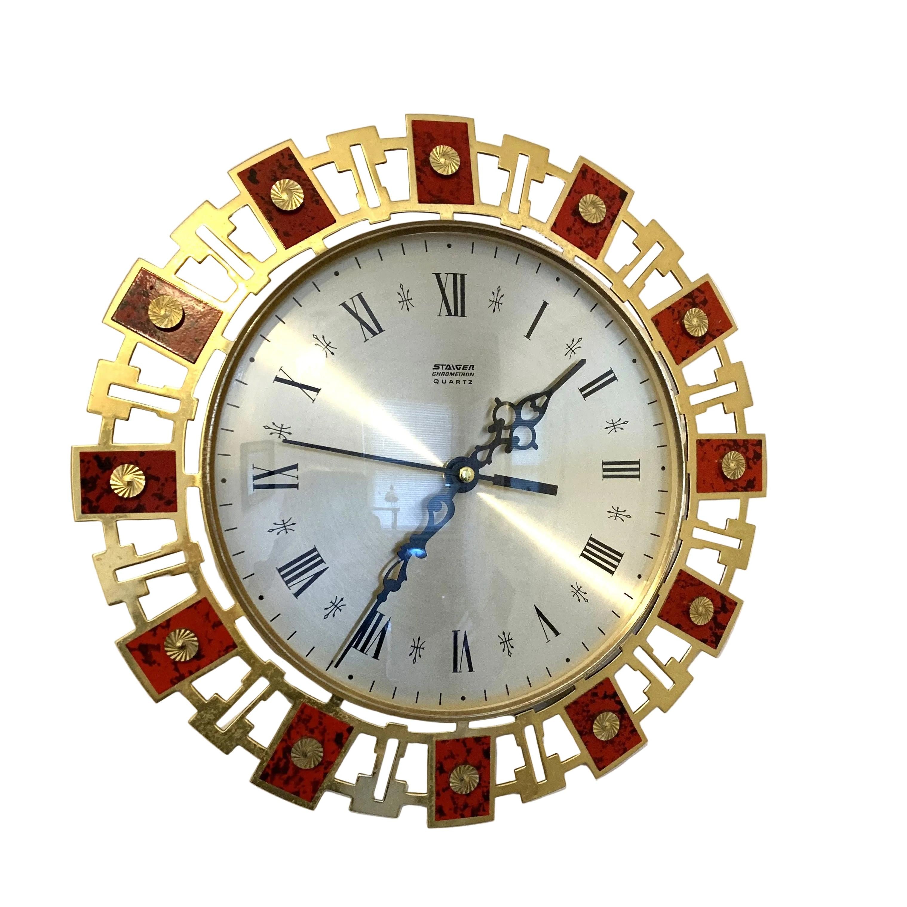 Staiger Chrometron Wall Clock – 1970s West German Brass Red Lacquer Roman Numeral 11 Inch Quartz
