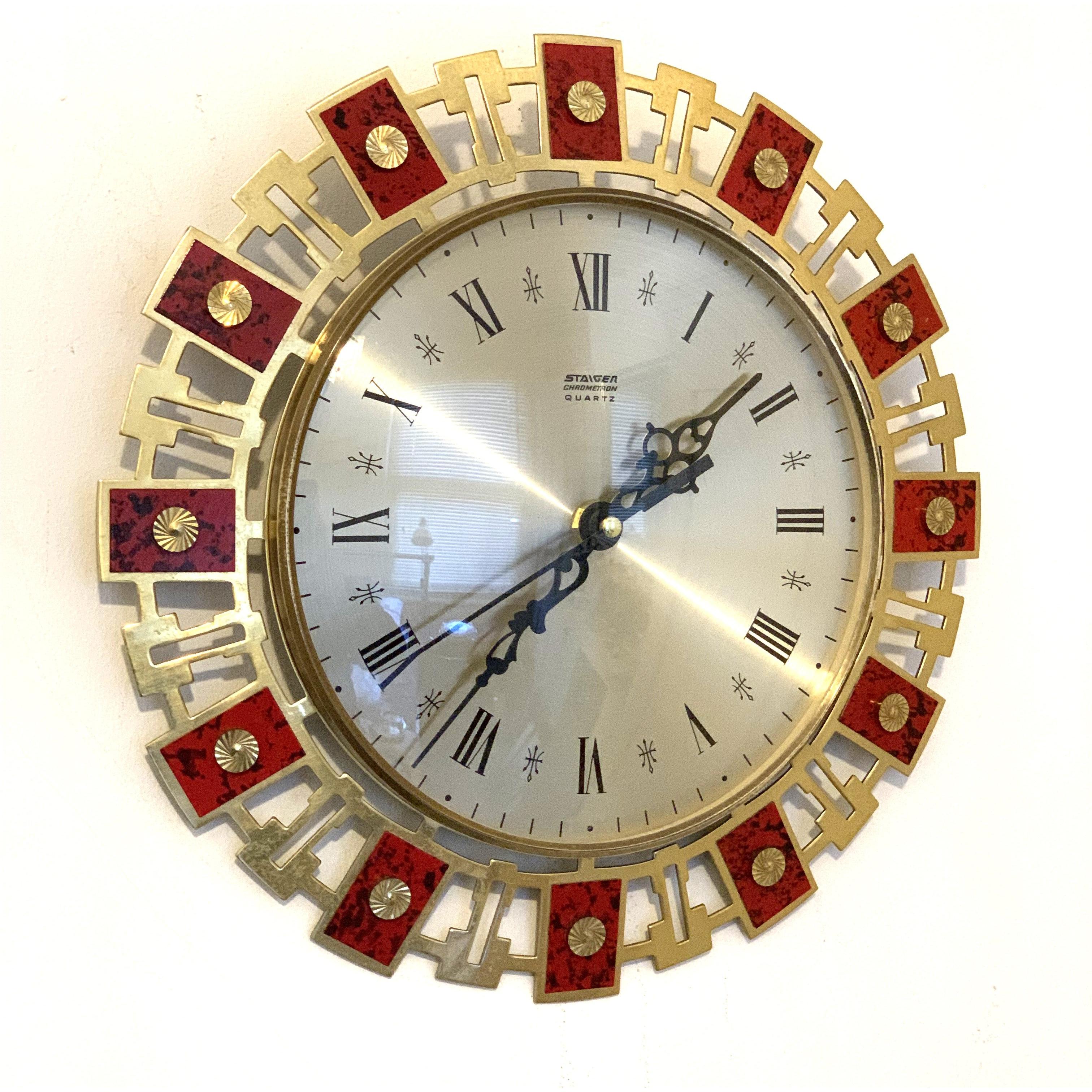 Staiger Chrometron Wall Clock – 1970s West German Brass Red Lacquer Roman Numeral 11 Inch Quartz