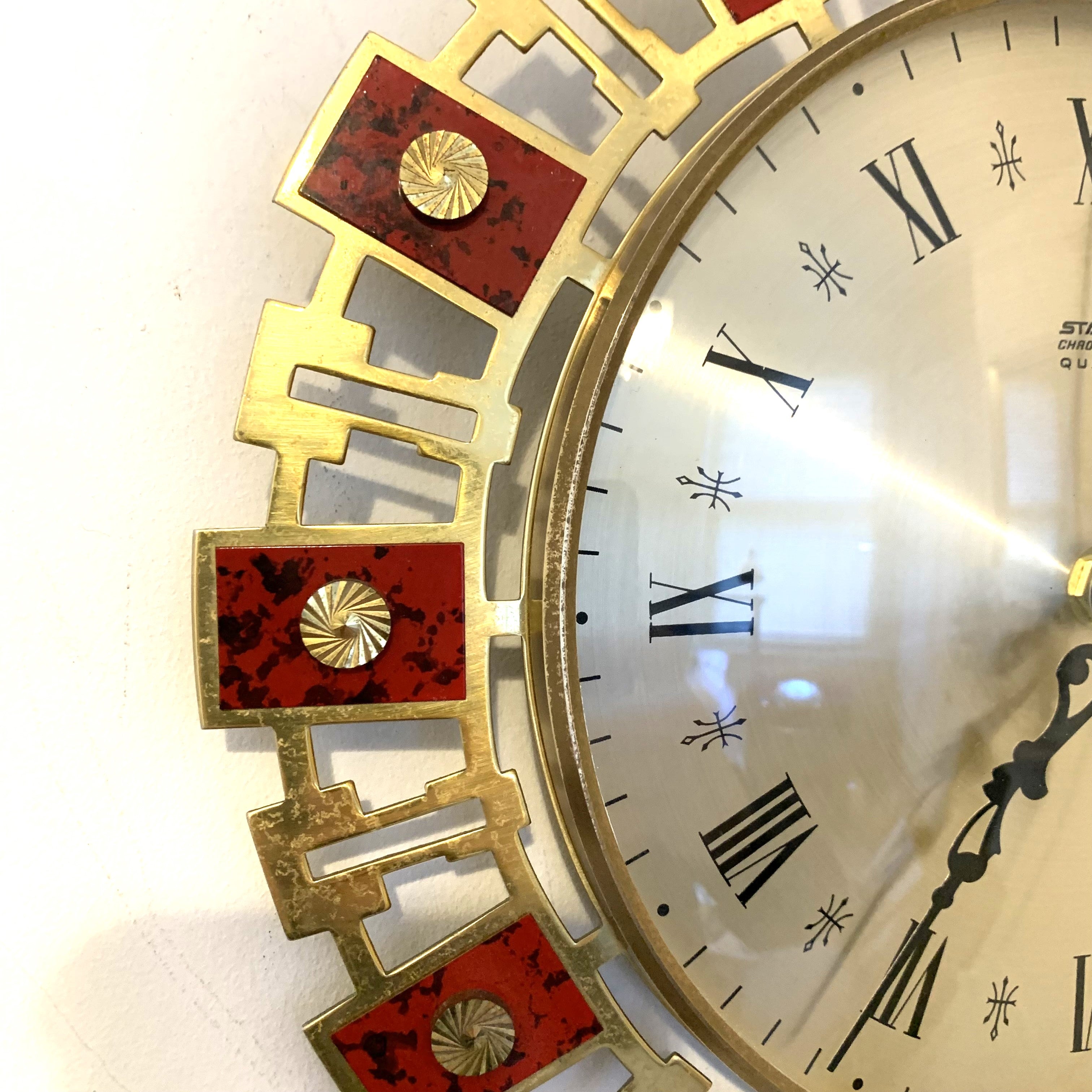 Staiger Chrometron Wall Clock – 1970s West German Brass Red Lacquer Roman Numeral 11 Inch Quartz