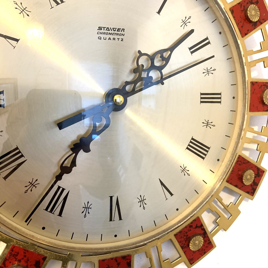 Staiger Chrometron Wall Clock – 1970s West German Brass Red Lacquer Roman Numeral 11 Inch Quartz