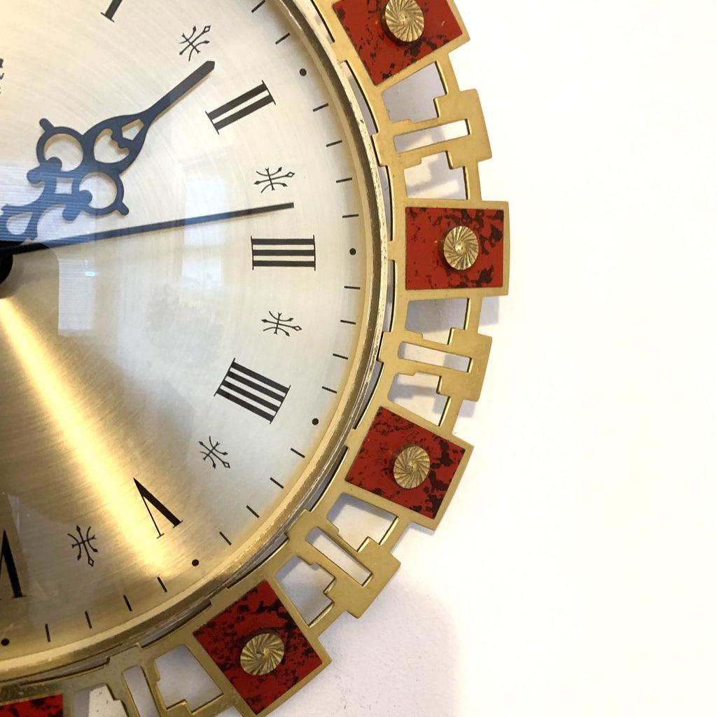 Staiger Chrometron Wall Clock – 1970s West German Brass Red Lacquer Roman Numeral 11 Inch Quartz
