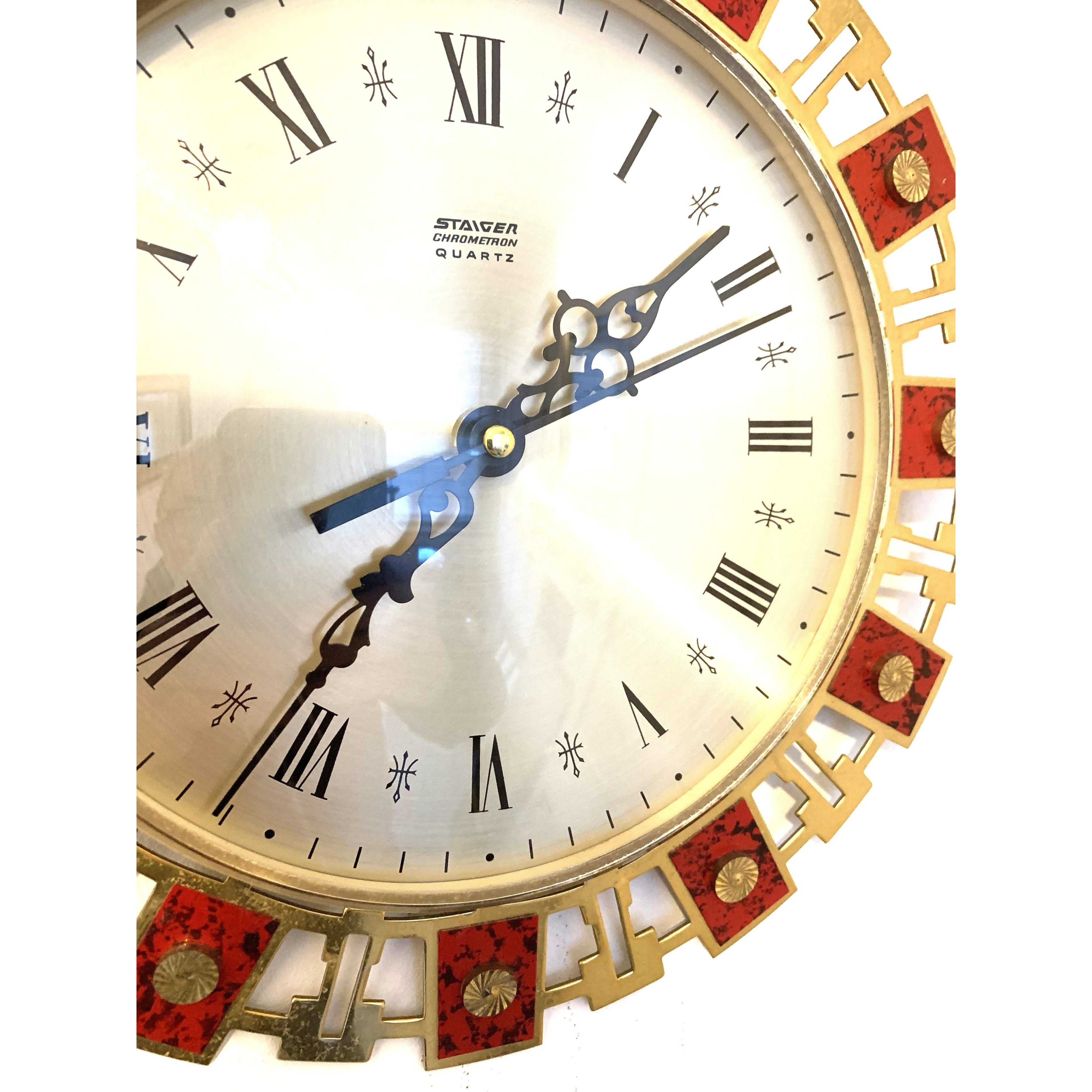 Staiger Chrometron Wall Clock – 1970s West German Brass Red Lacquer Roman Numeral 11 Inch Quartz