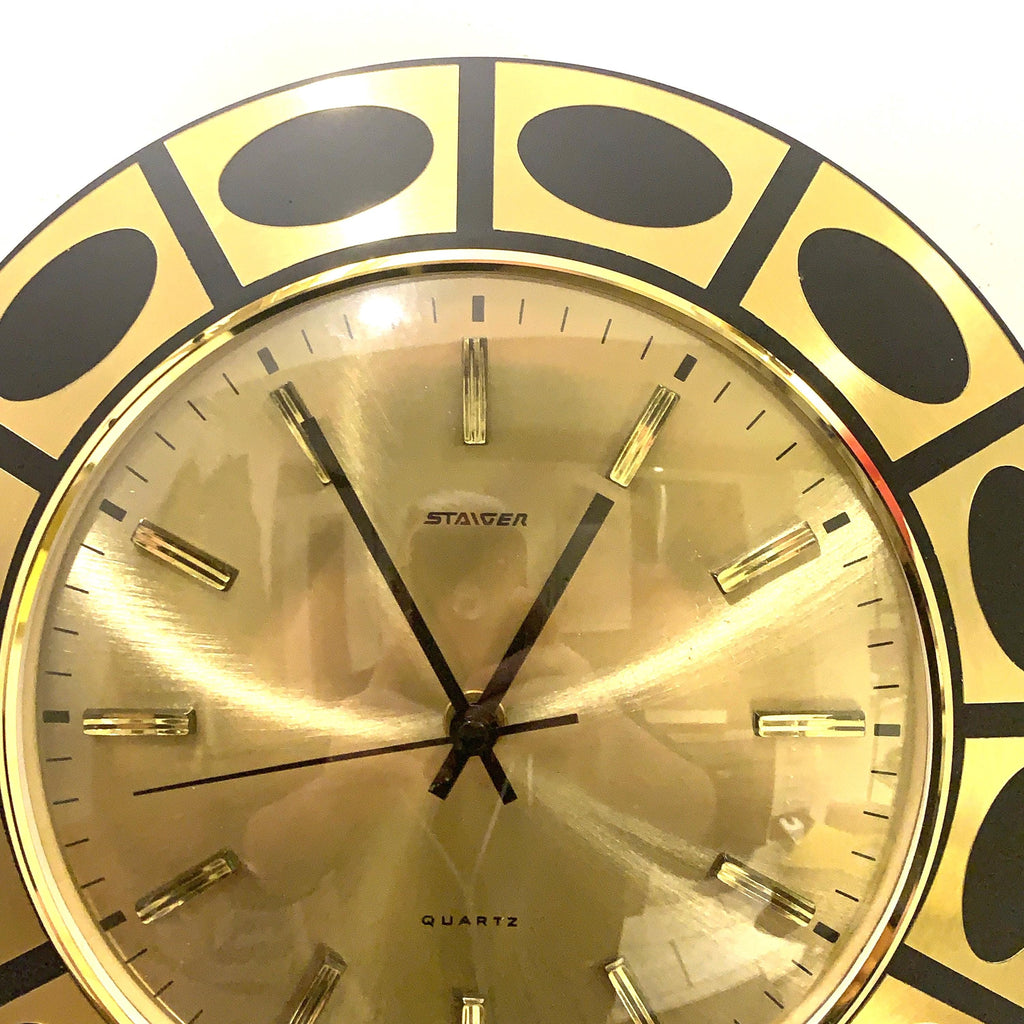 Staiger Op Art Wall Clock – 1970s Gold & Black Bezel, West Germany, New Old Stock
