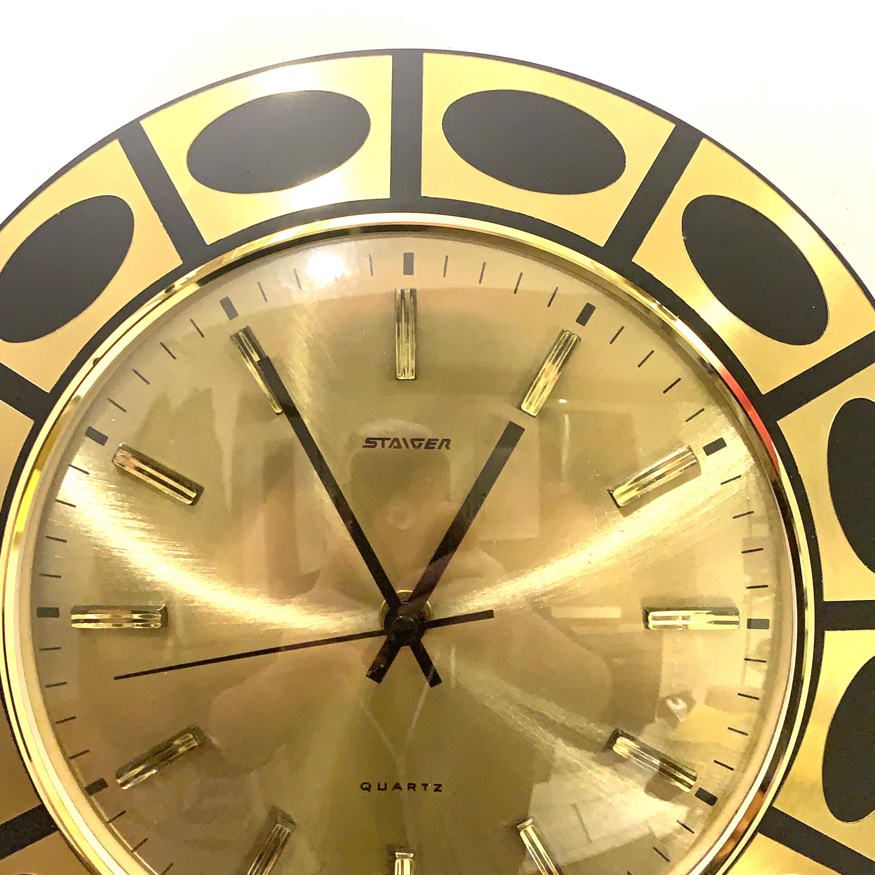 Staiger Op Art Wall Clock – 1970s Gold & Black Bezel, West Germany, New Old Stock