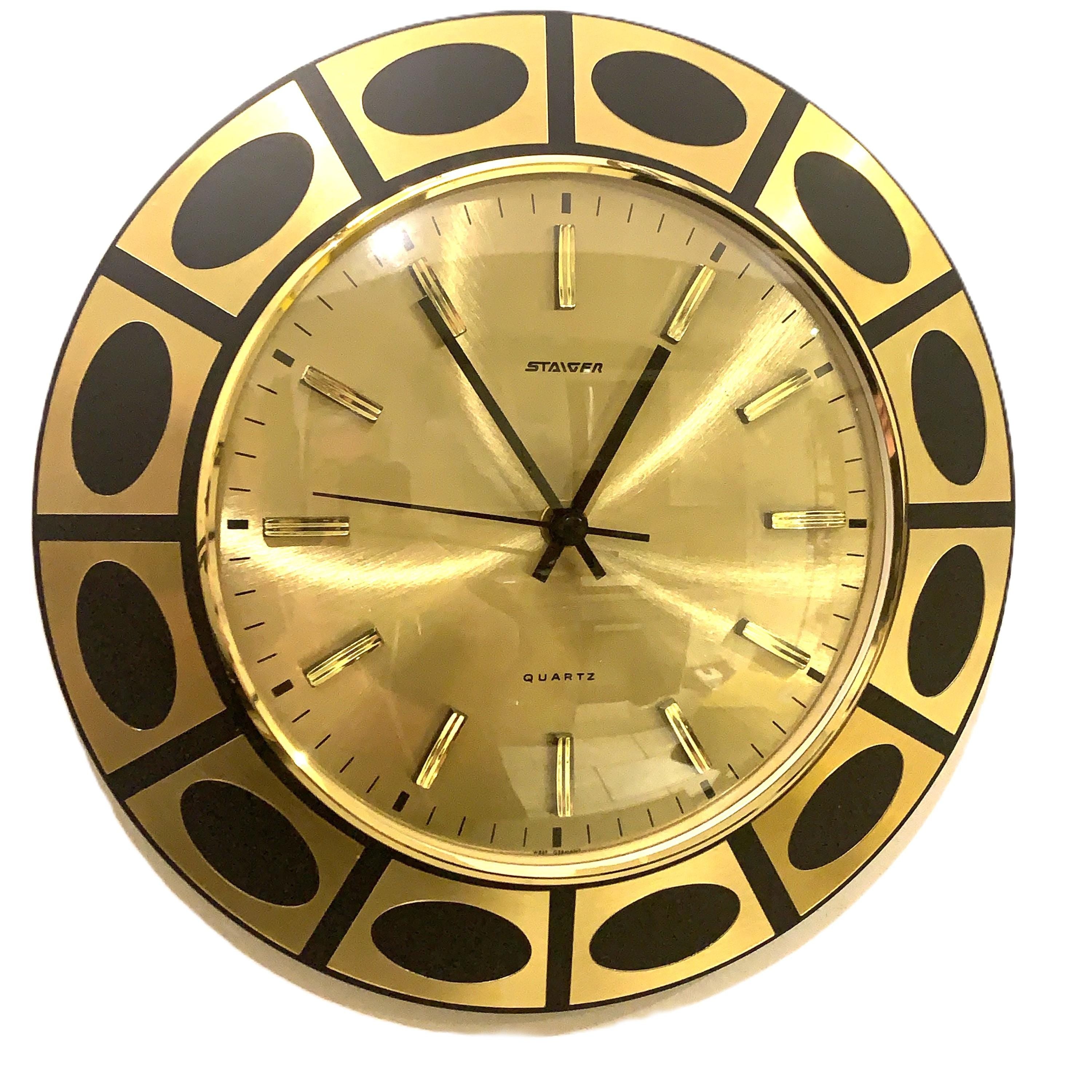 Staiger Op Art Wall Clock – 1970s Gold & Black Bezel, West Germany, New Old Stock