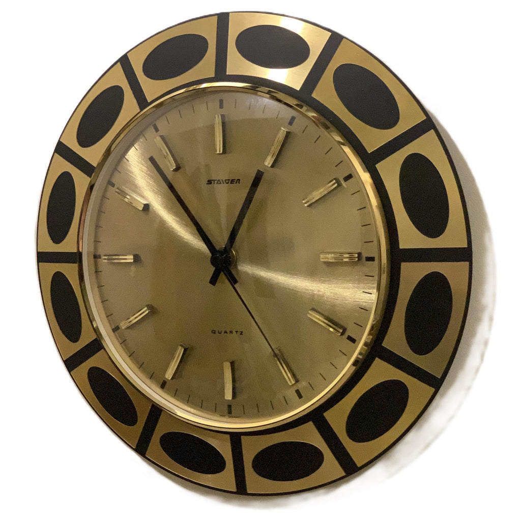 Staiger Op Art Wall Clock – 1970s Gold & Black Bezel, West Germany, New Old Stock