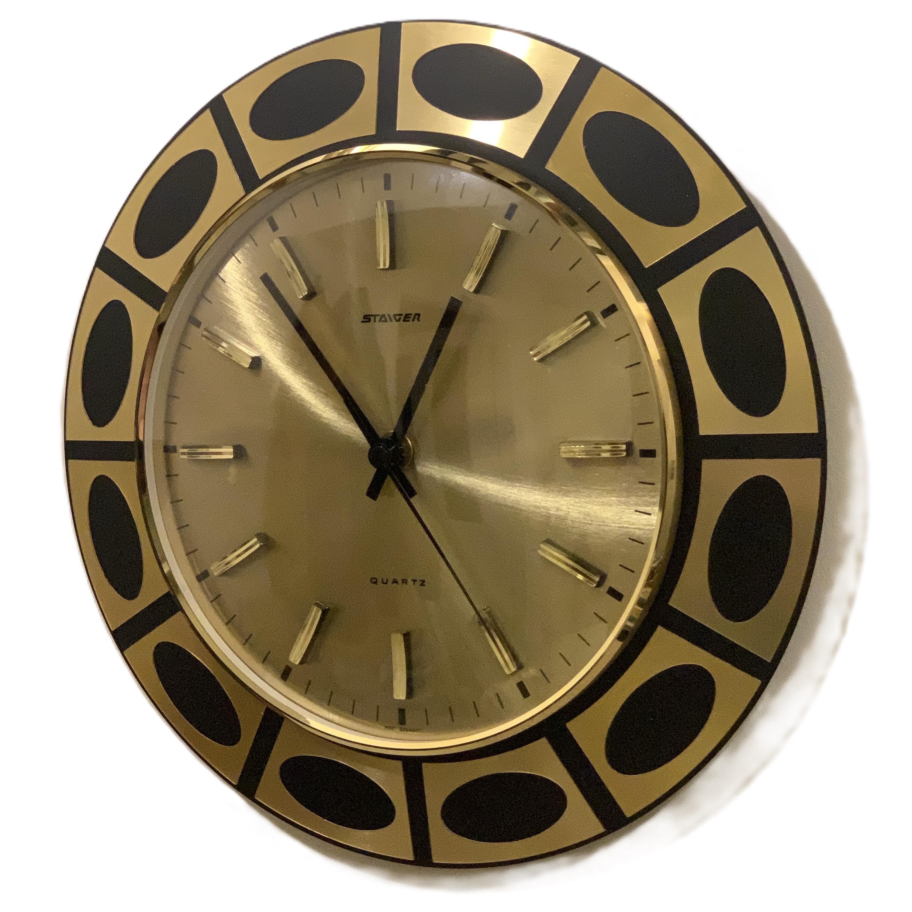 Staiger Op Art Wall Clock – 1970s Gold & Black Bezel, West Germany, New Old Stock