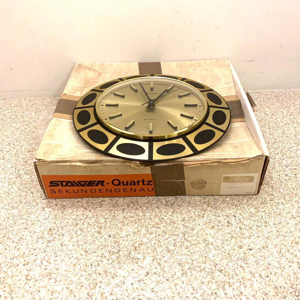 Staiger Op Art Wall Clock – 1970s Gold & Black Bezel, West Germany, New Old Stock
