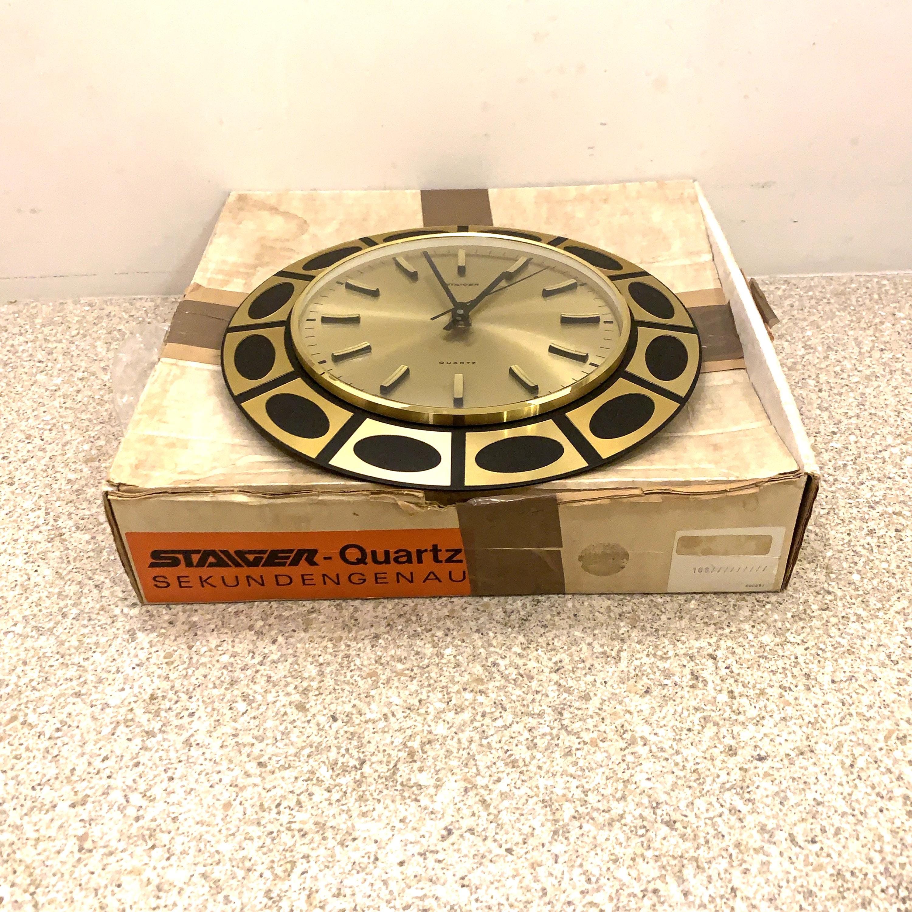 Staiger Op Art Wall Clock – 1970s Gold & Black Bezel, West Germany, New Old Stock