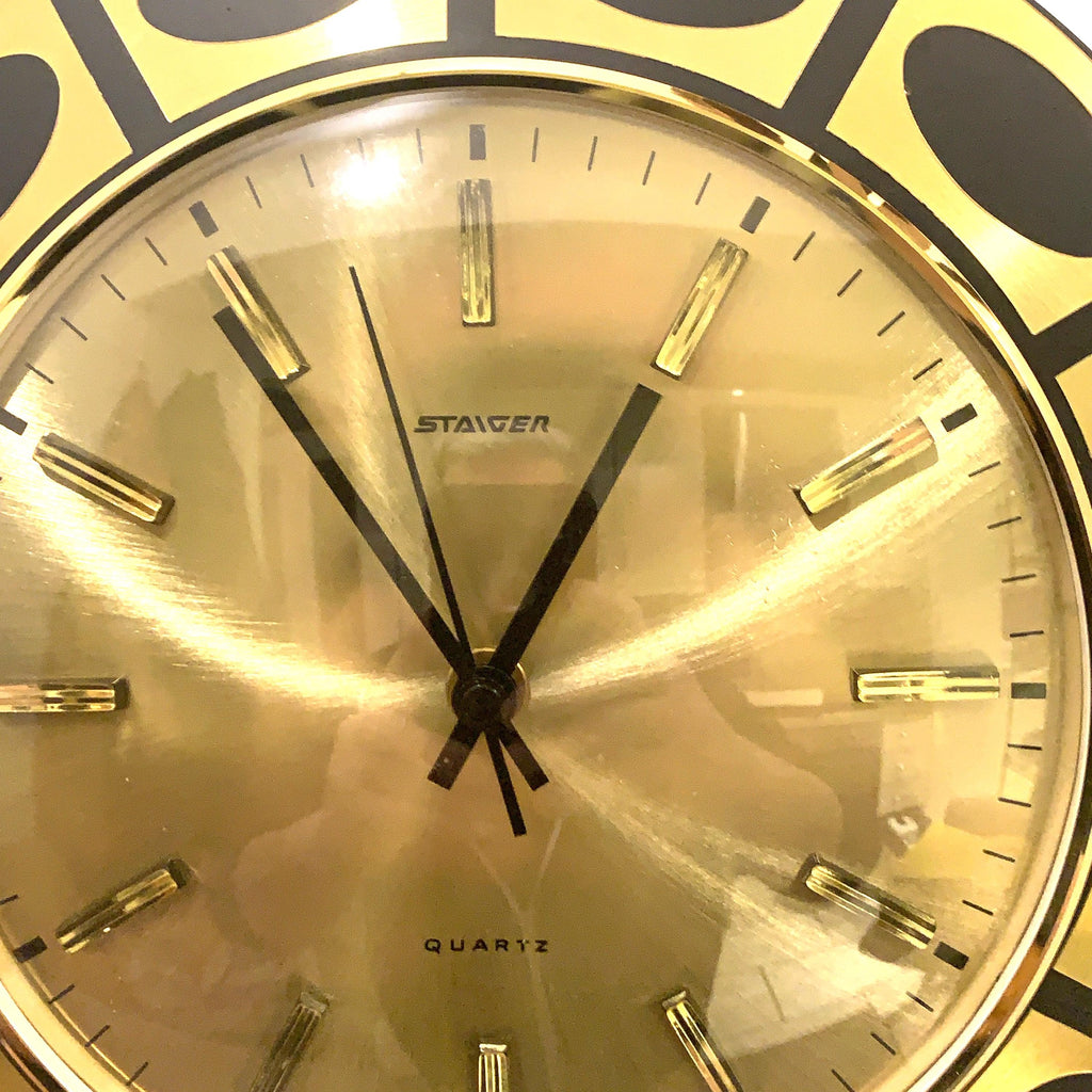 Staiger Op Art Wall Clock – 1970s Gold & Black Bezel, West Germany, New Old Stock